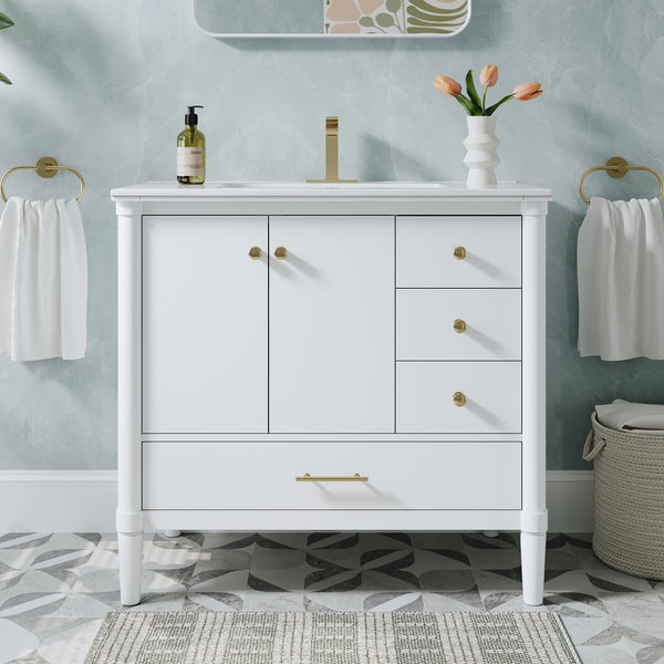 36 inch Solid Wood Freestanding Bathroom Vanity with Single Sink and Soft-Closing Doors, White