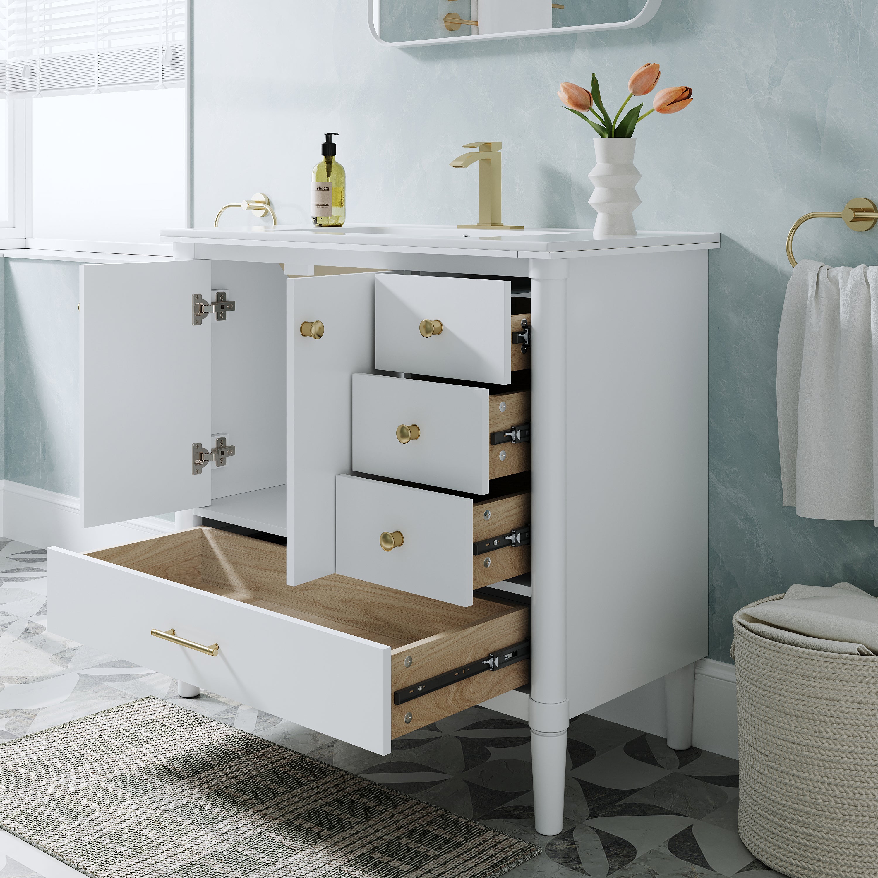 36 inch Solid Wood Freestanding Bathroom Vanity with Single Sink and Soft-Closing Doors, White