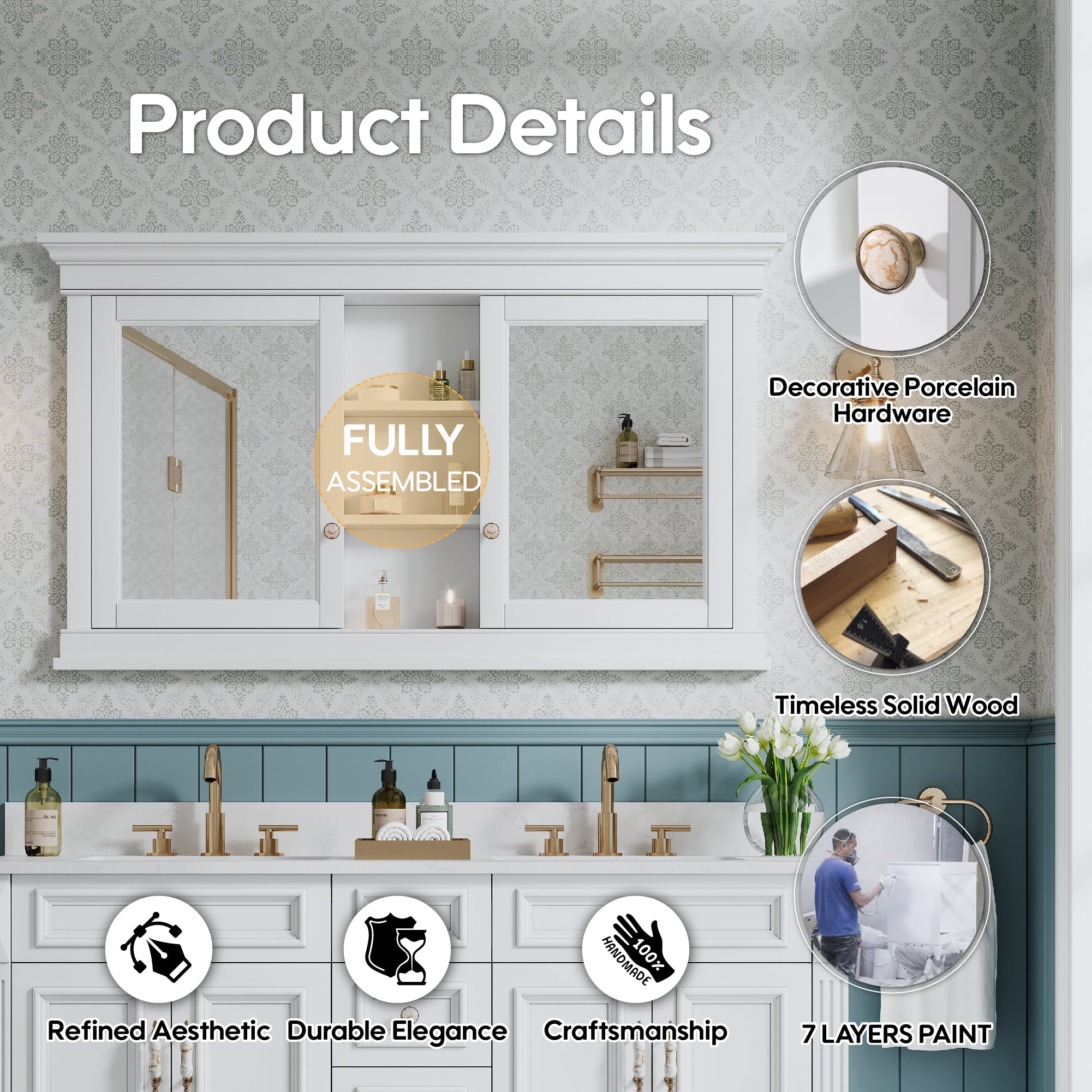 55 in.  W x 32 in.  H White Recessed installation Bathroom Medicine Wood Cabinet with Mirror
