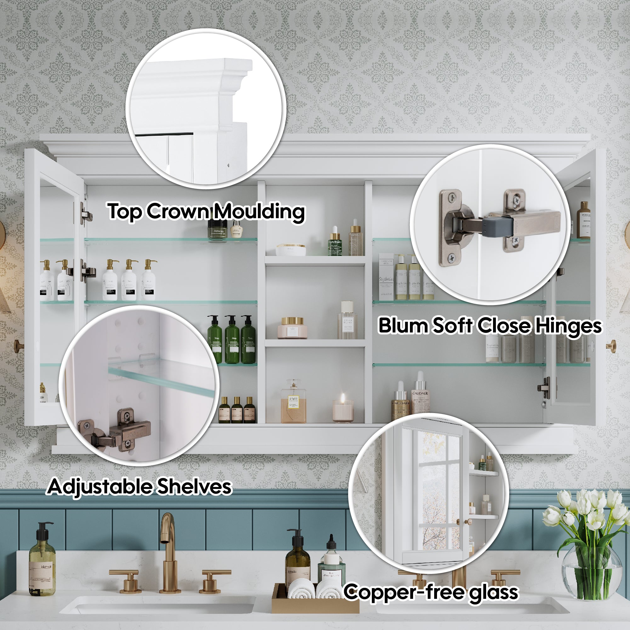 55 in.  W x 32 in.  H White Recessed installation Bathroom Medicine Wood Cabinet with Mirror
