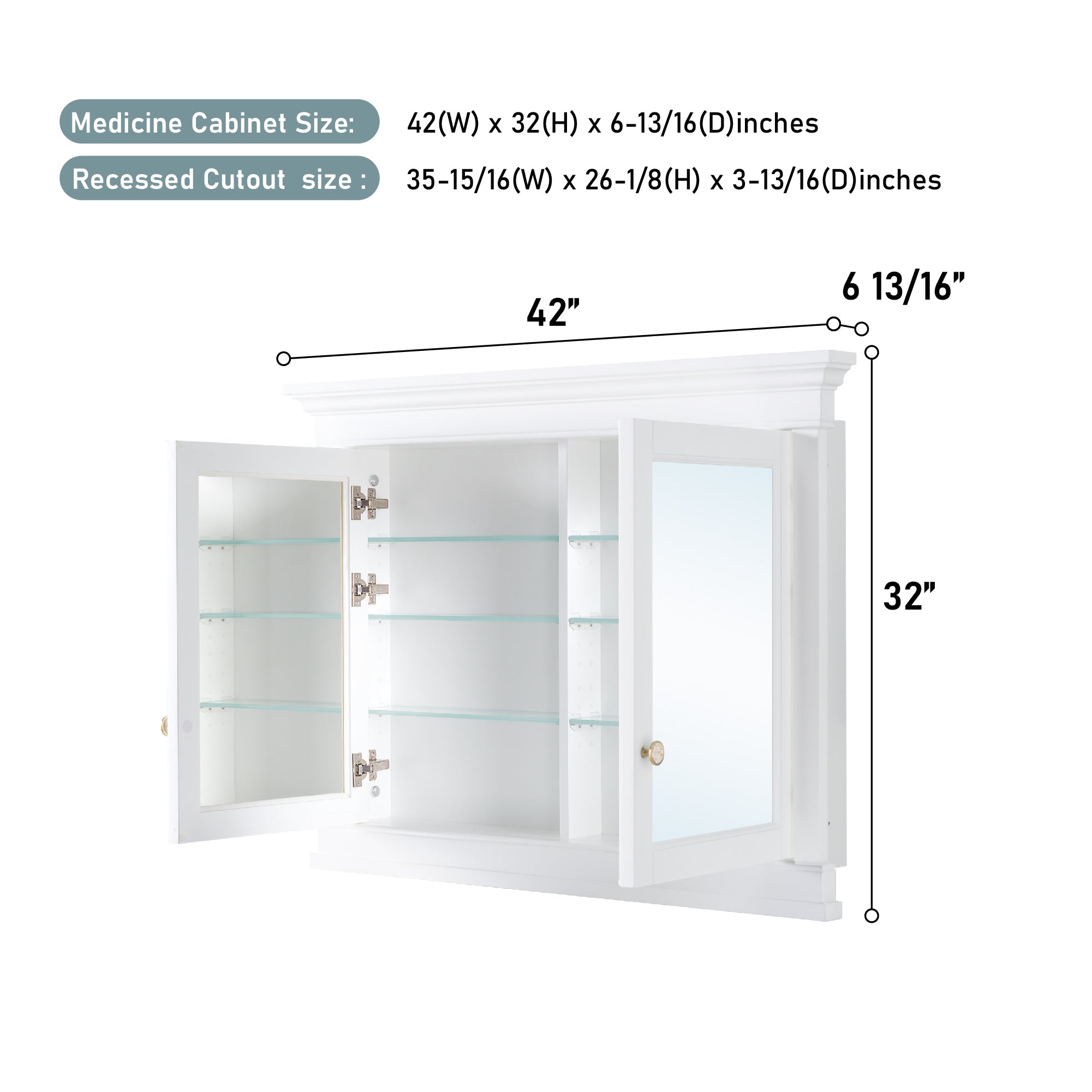 42 in.  W x 32 in.  H White Wood Recessed Bathroom Medicine Cabinet with Mirror