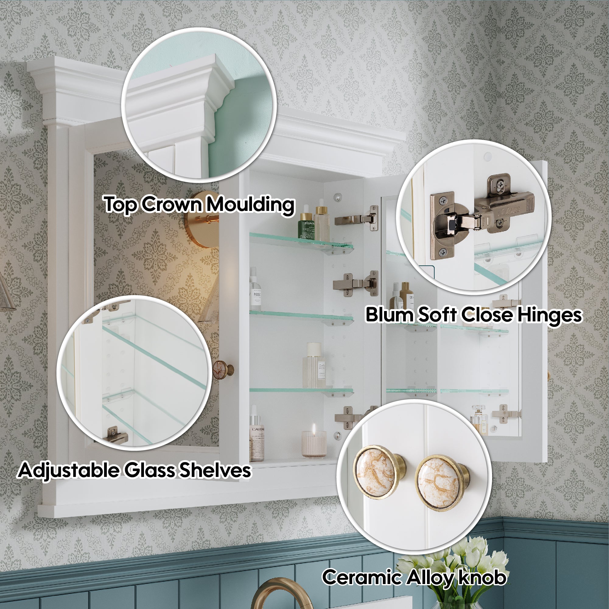 42 in.  W x 32 in.  H White Wood Recessed Bathroom Medicine Cabinet with Mirror