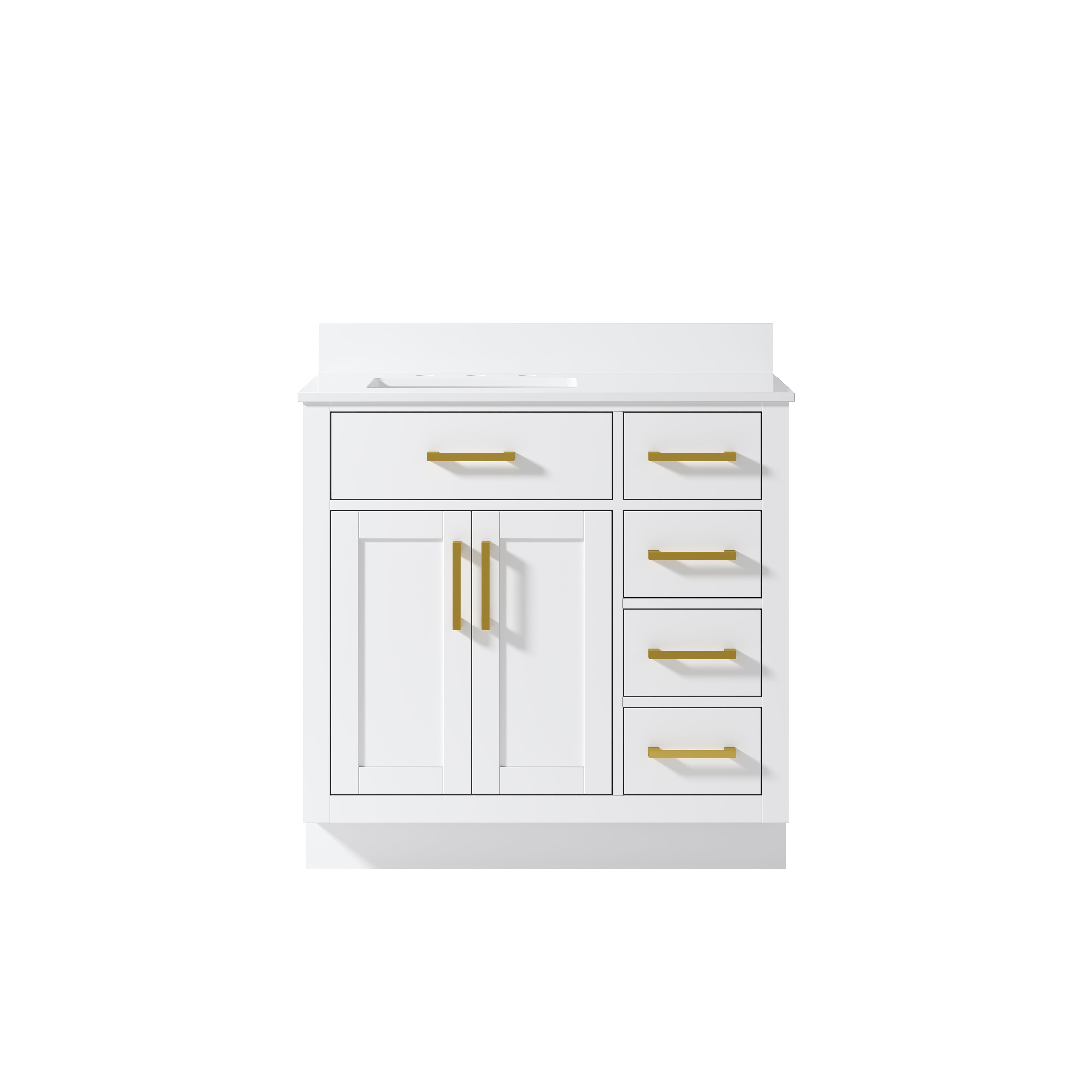 36 Inch Solid Wood Bathroom Vanity with White Cultured Marble Top, 2 Soft-Close Doors & 5 Drawers, White