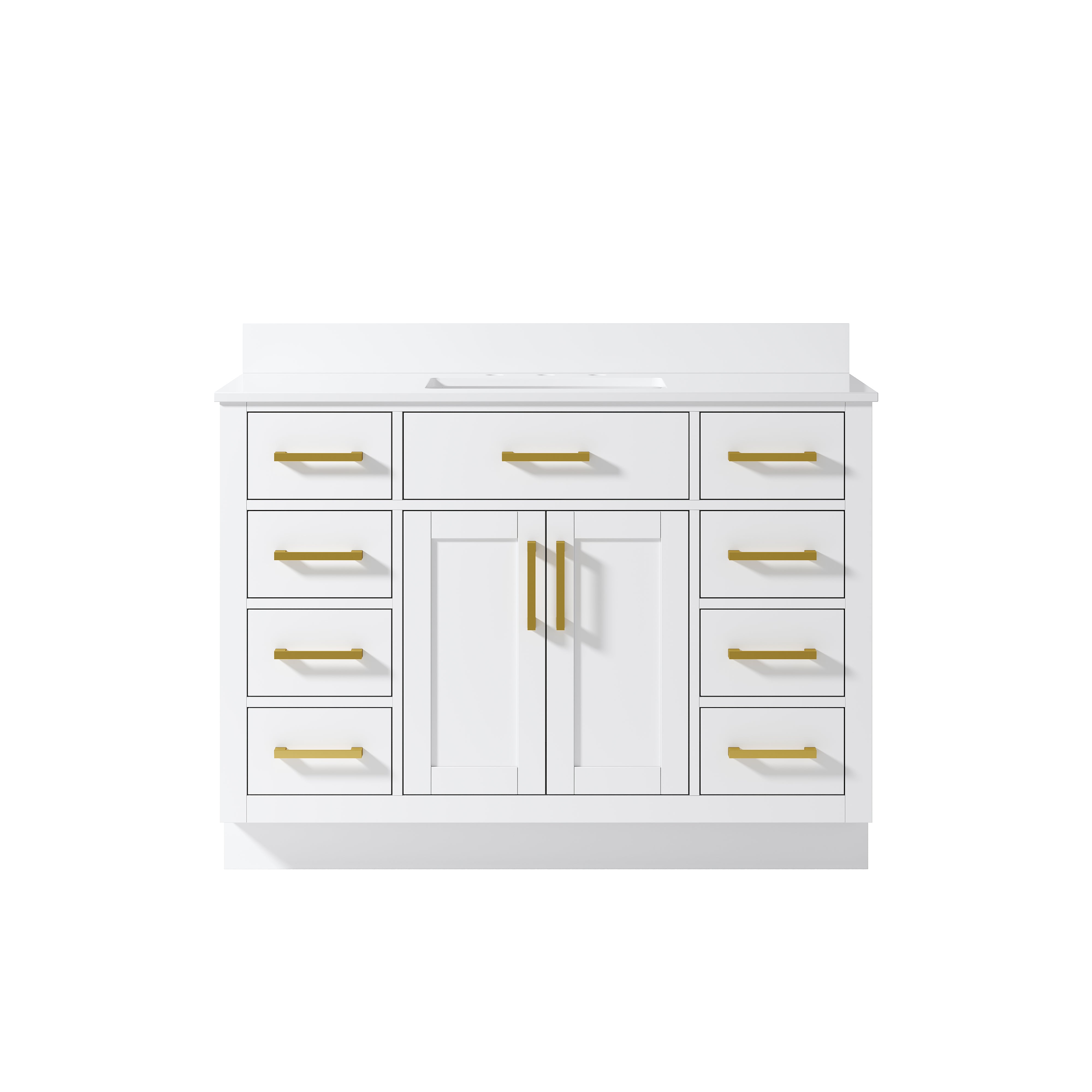 48 Inch Solid Wood Bathroom Vanity with White Cultured Marble Top, 2 Soft-Close Doors & 9 Drawers, White