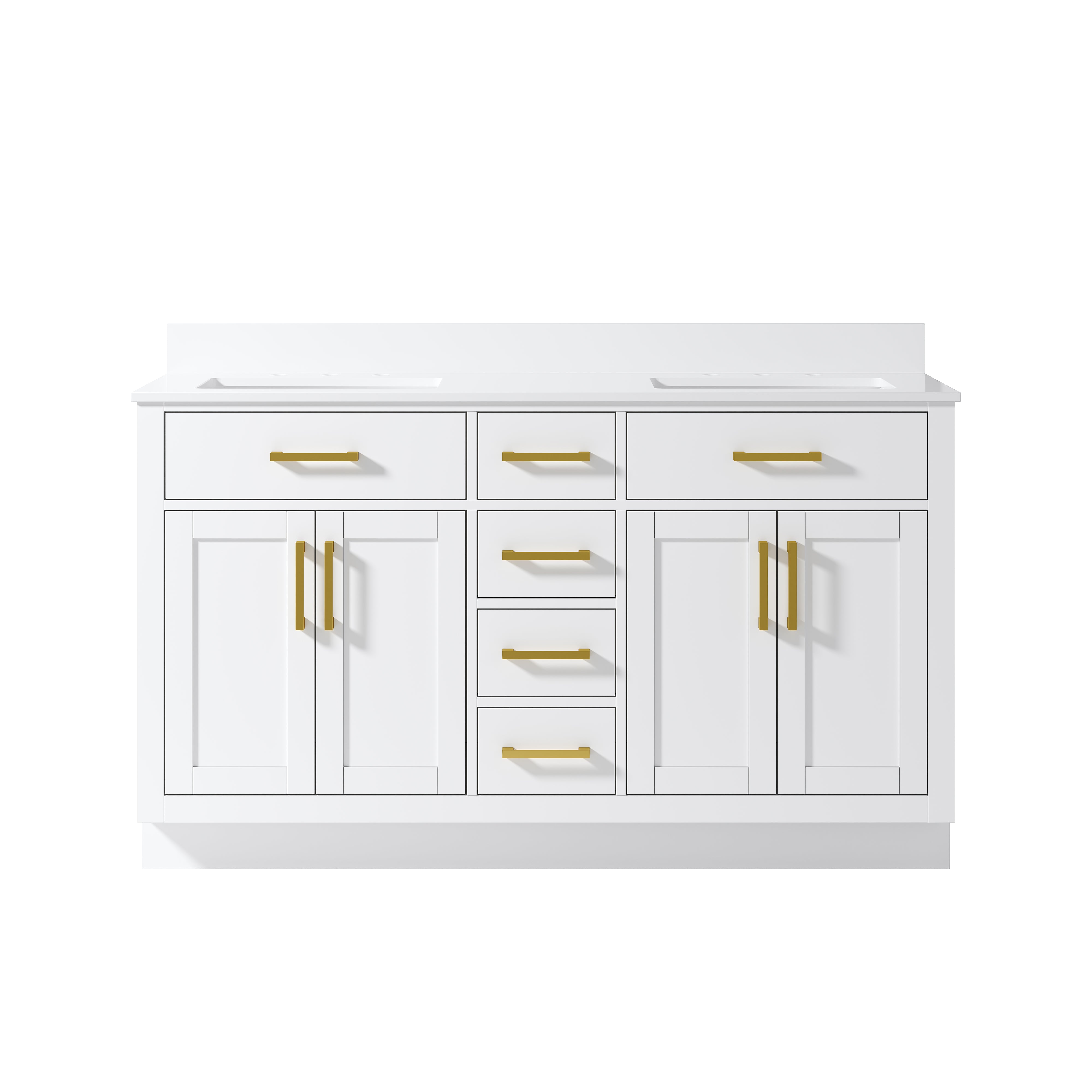 60 Inch Solid Wood Bathroom Vanity with White Cultured Marble Top, 4 Soft-Close Doors & 6 Drawers, White