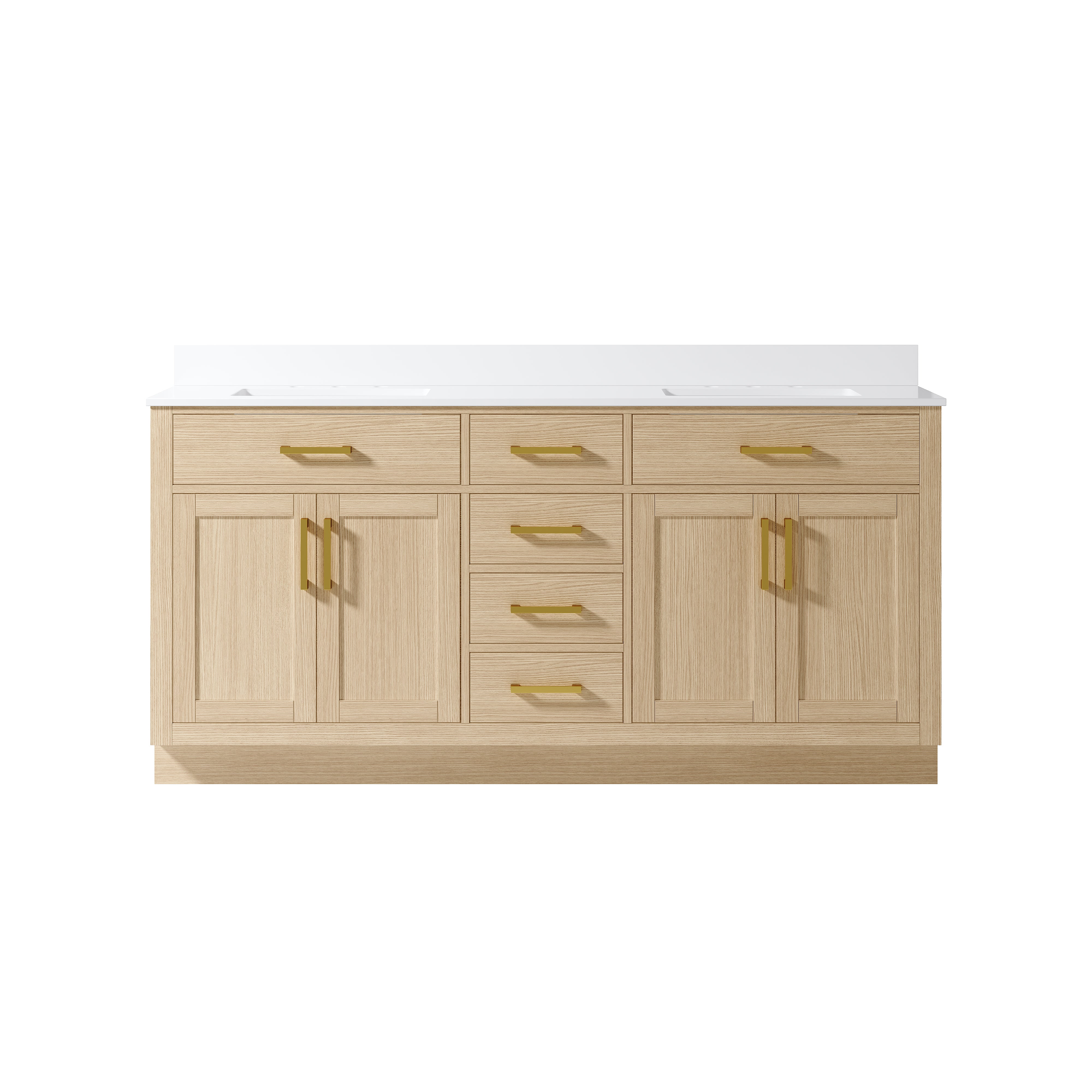 72 Inch Solid Wood Bathroom Vanity with White Cultured Marble Top, 4 Soft-Close Doors & 6 Drawers, OAK