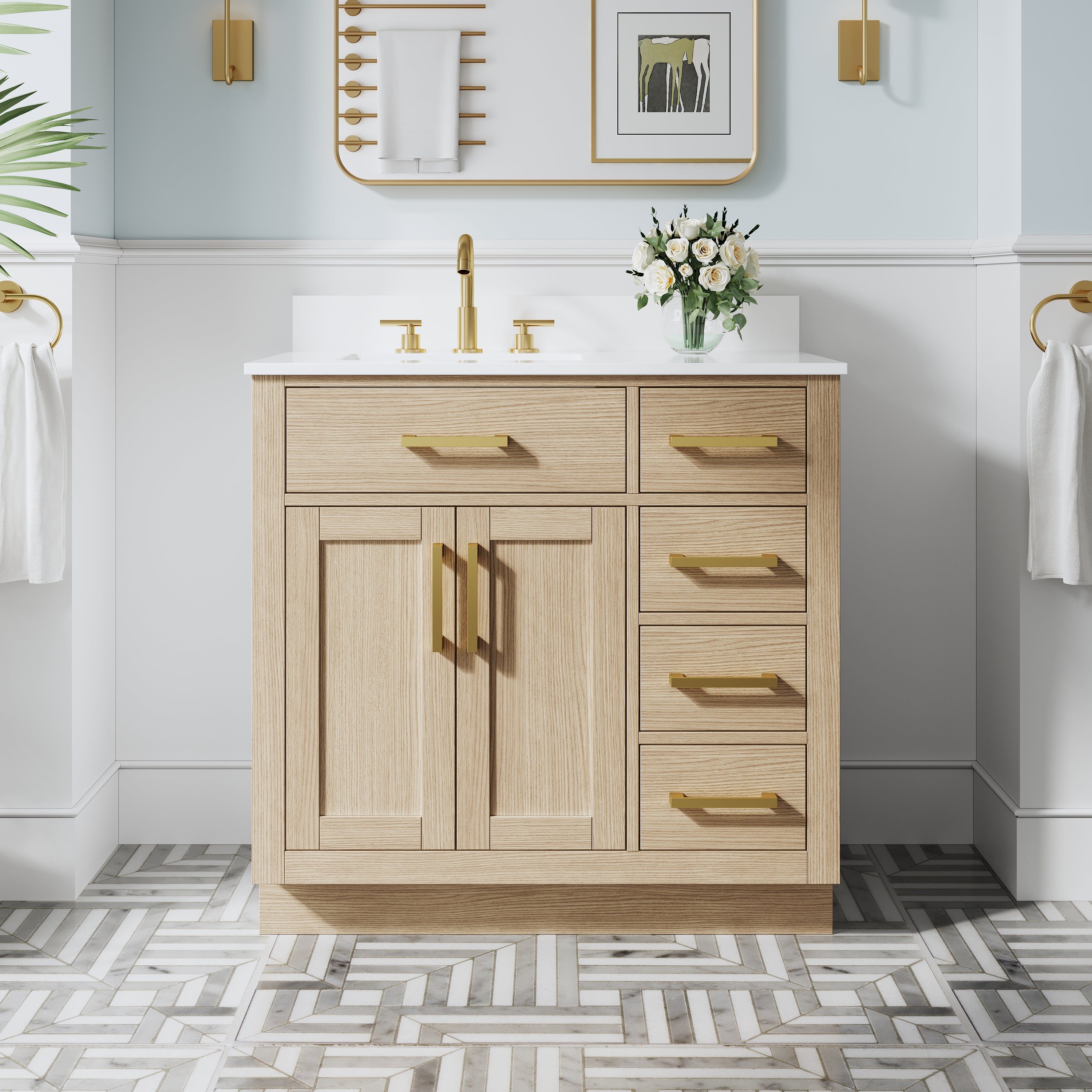 36 Inch Solid Wood Bathroom Vanity with White Cultured Marble Top, 2 Soft-Close Doors & 5 Drawers, OAK