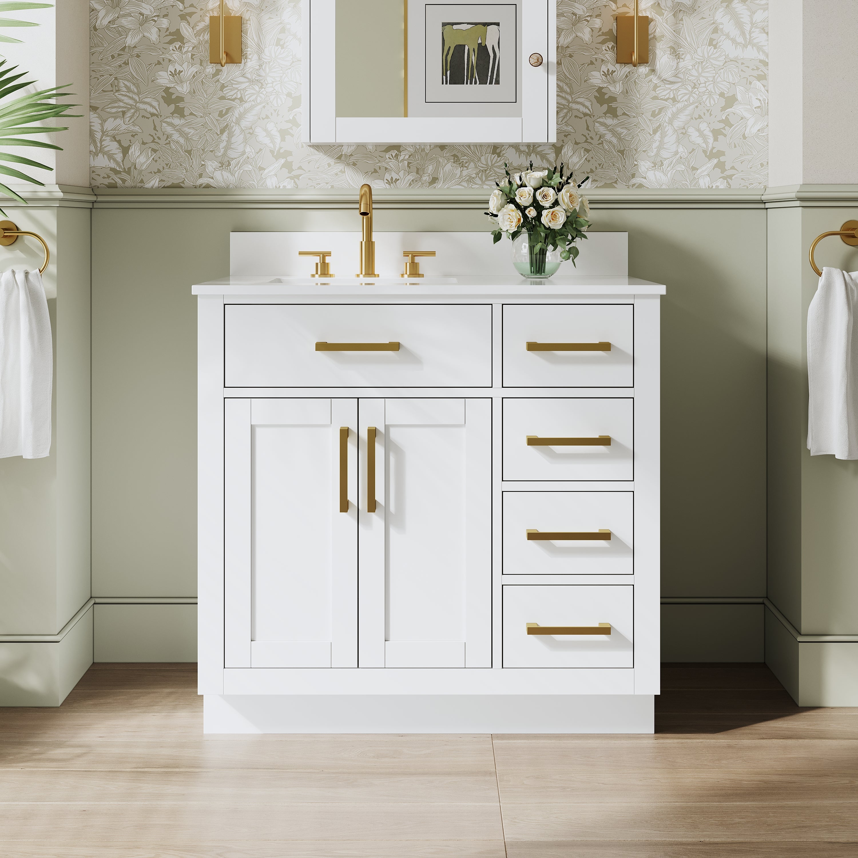 36 Inch Solid Wood Bathroom Vanity with White Cultured Marble Top, 2 Soft-Close Doors & 5 Drawers, White
