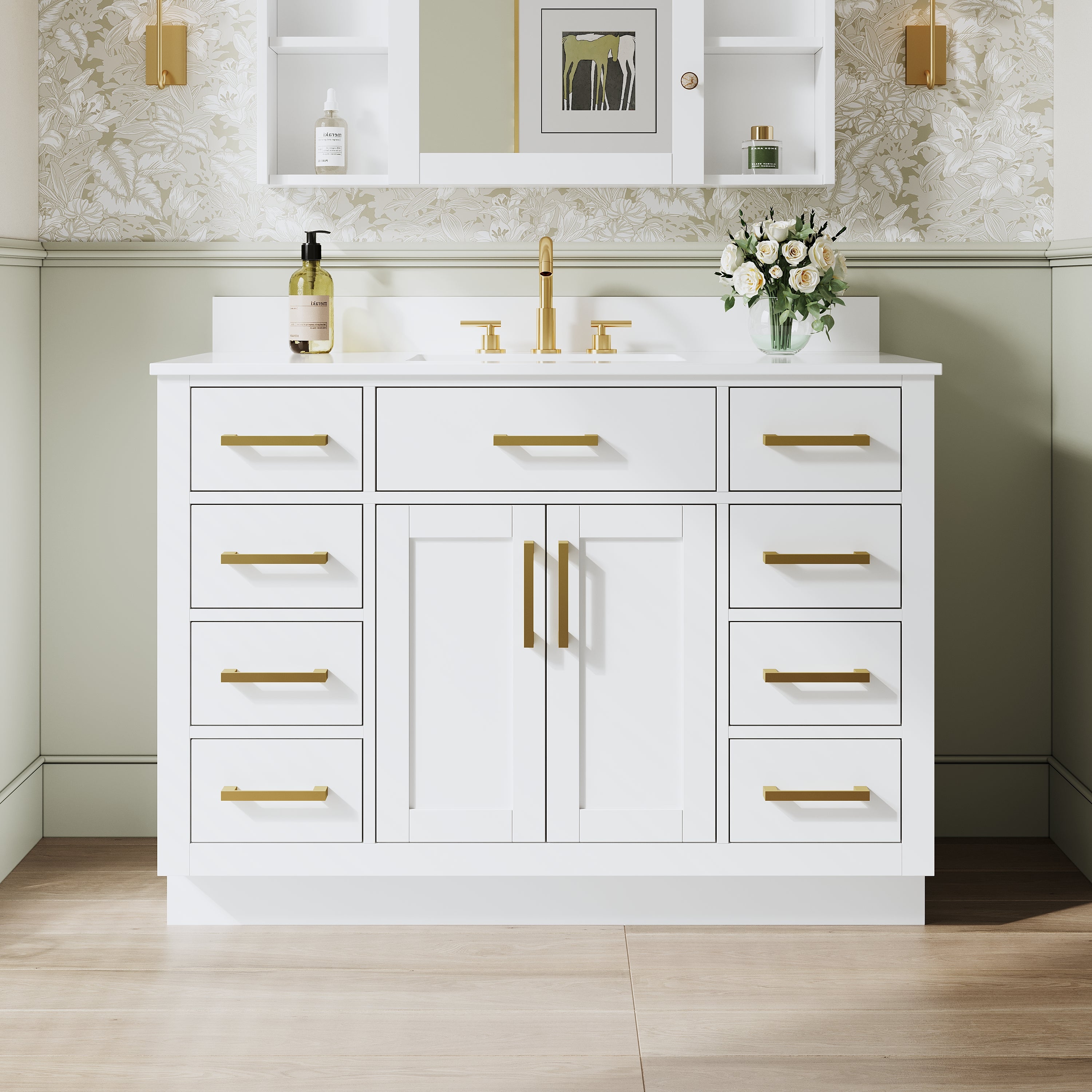 48 Inch Solid Wood Bathroom Vanity with White Cultured Marble Top, 2 Soft-Close Doors & 9 Drawers, White