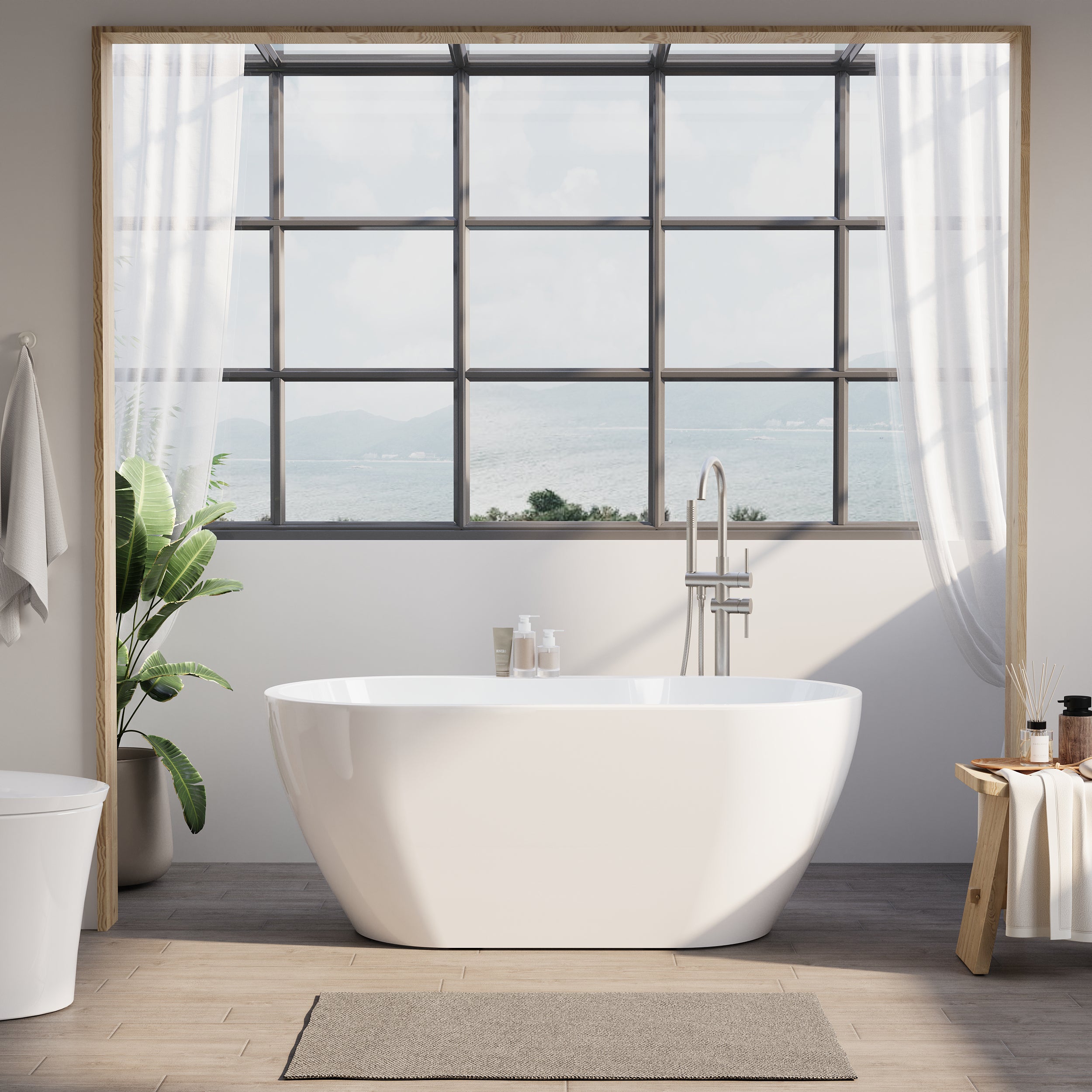 57" Glossy White Acrylic Freestanding Bathtub with Chrome Overflow and Drain, 54 Gallon