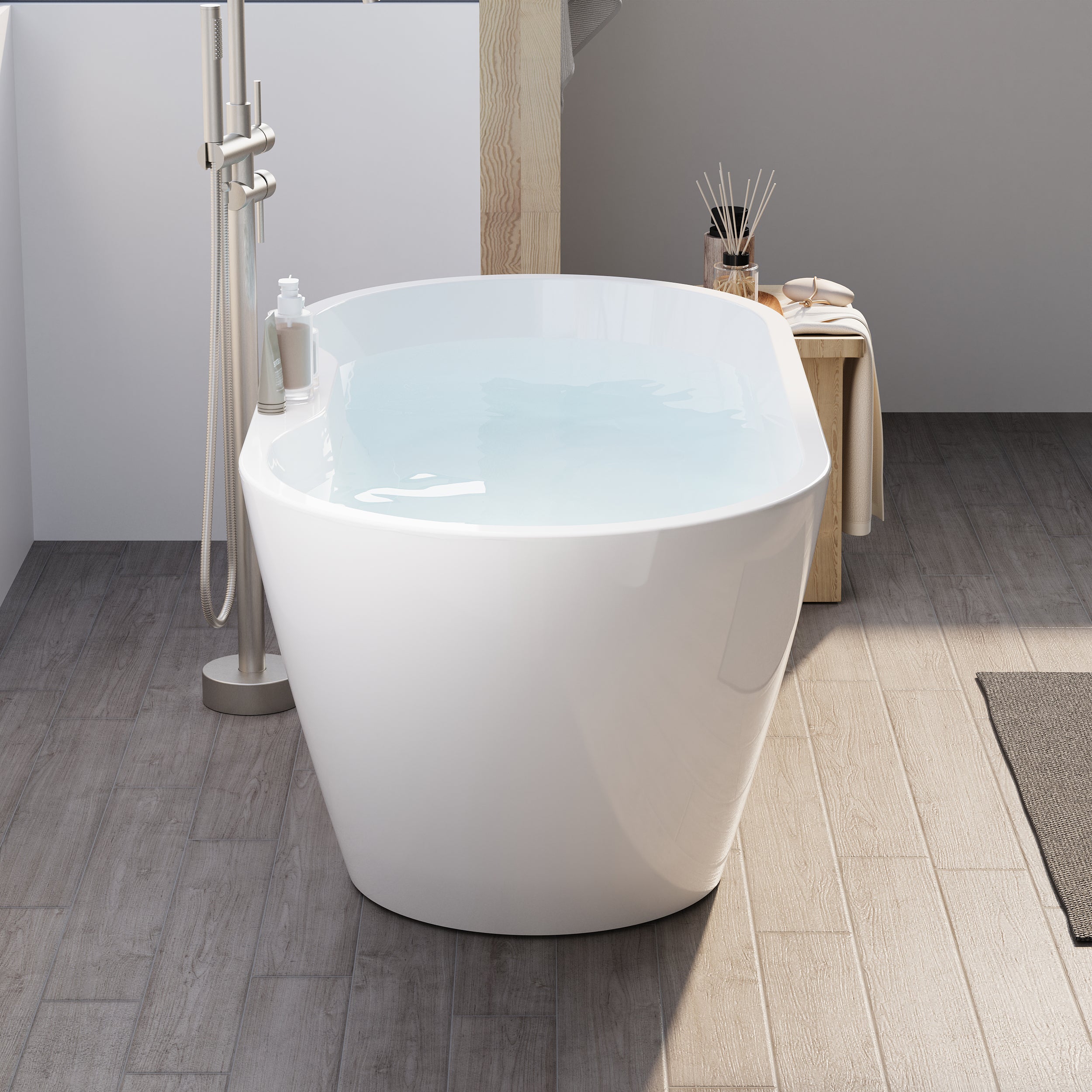 57" Glossy White Acrylic Freestanding Bathtub with Chrome Overflow and Drain, 54 Gallon