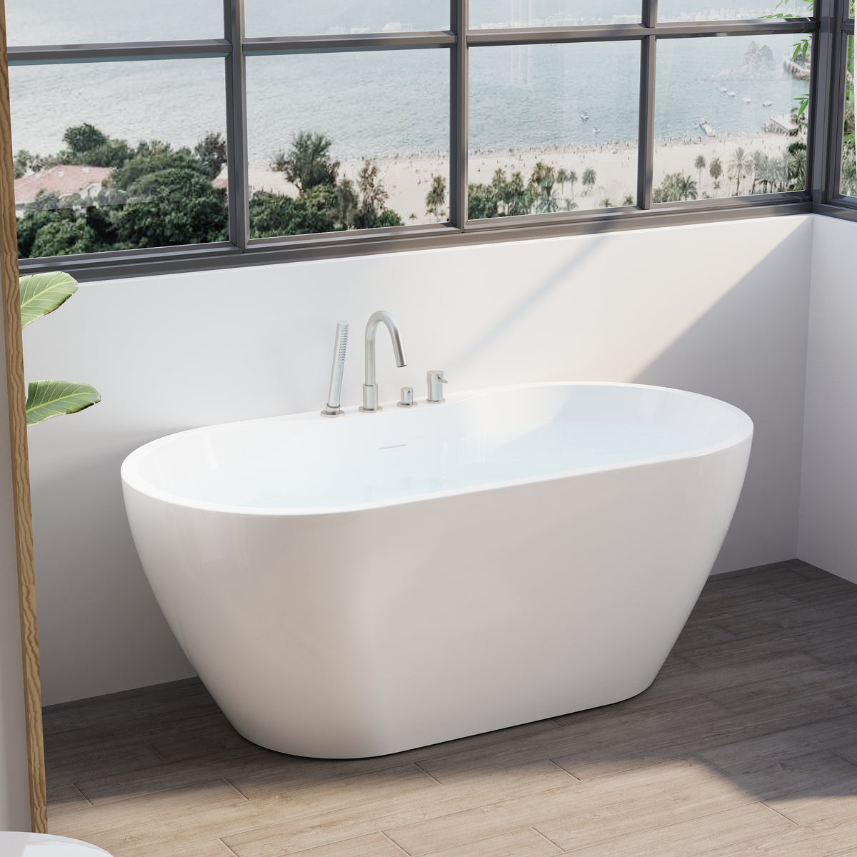 57" Glossy White Acrylic Freestanding Bathtub with Wide Deck & Open Back for Easy Faucet Installation, Chrome Overflow and Drain