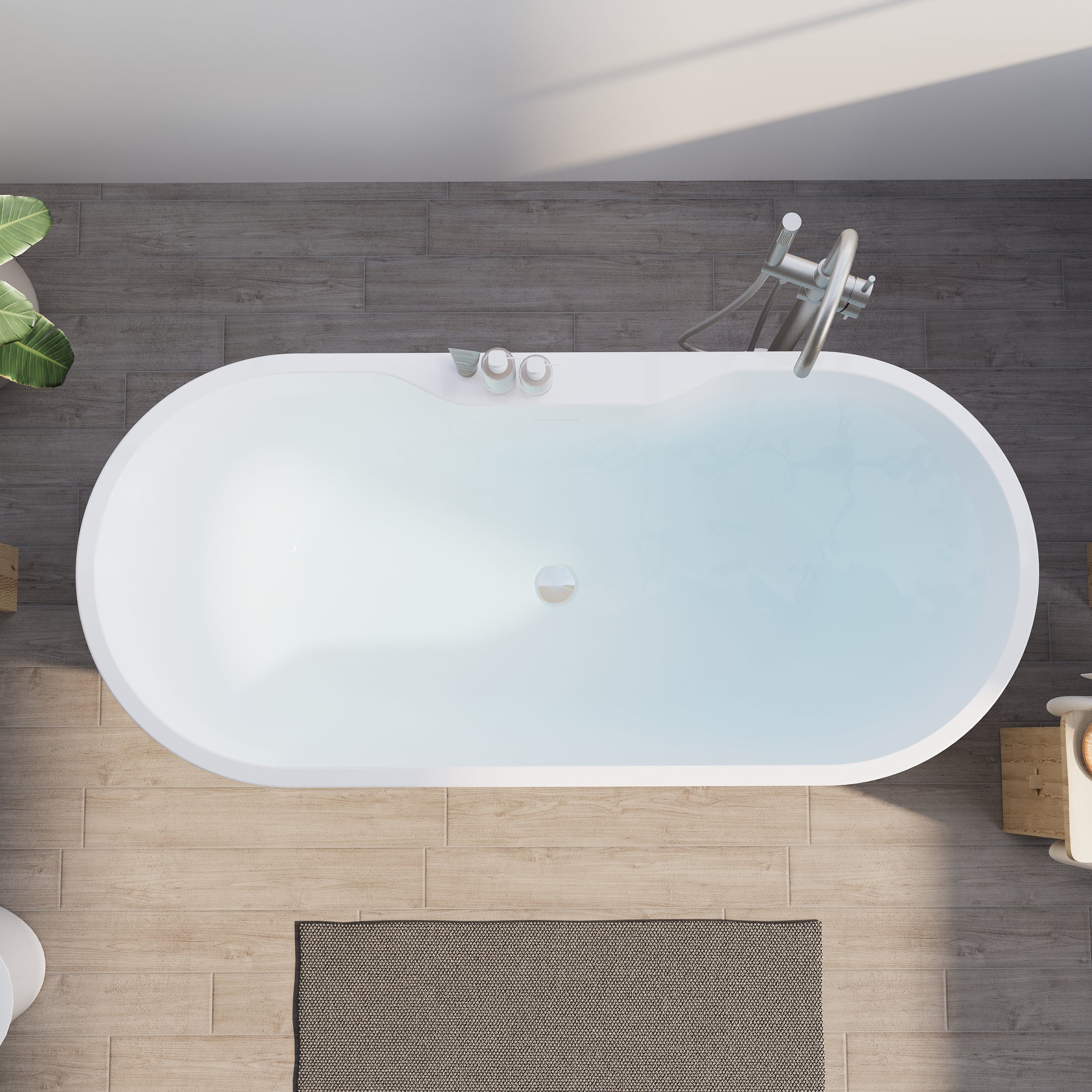 65" Glossy White Acrylic Freestanding Bathtub with Chrome Overflow and Drain, 62 Gallon