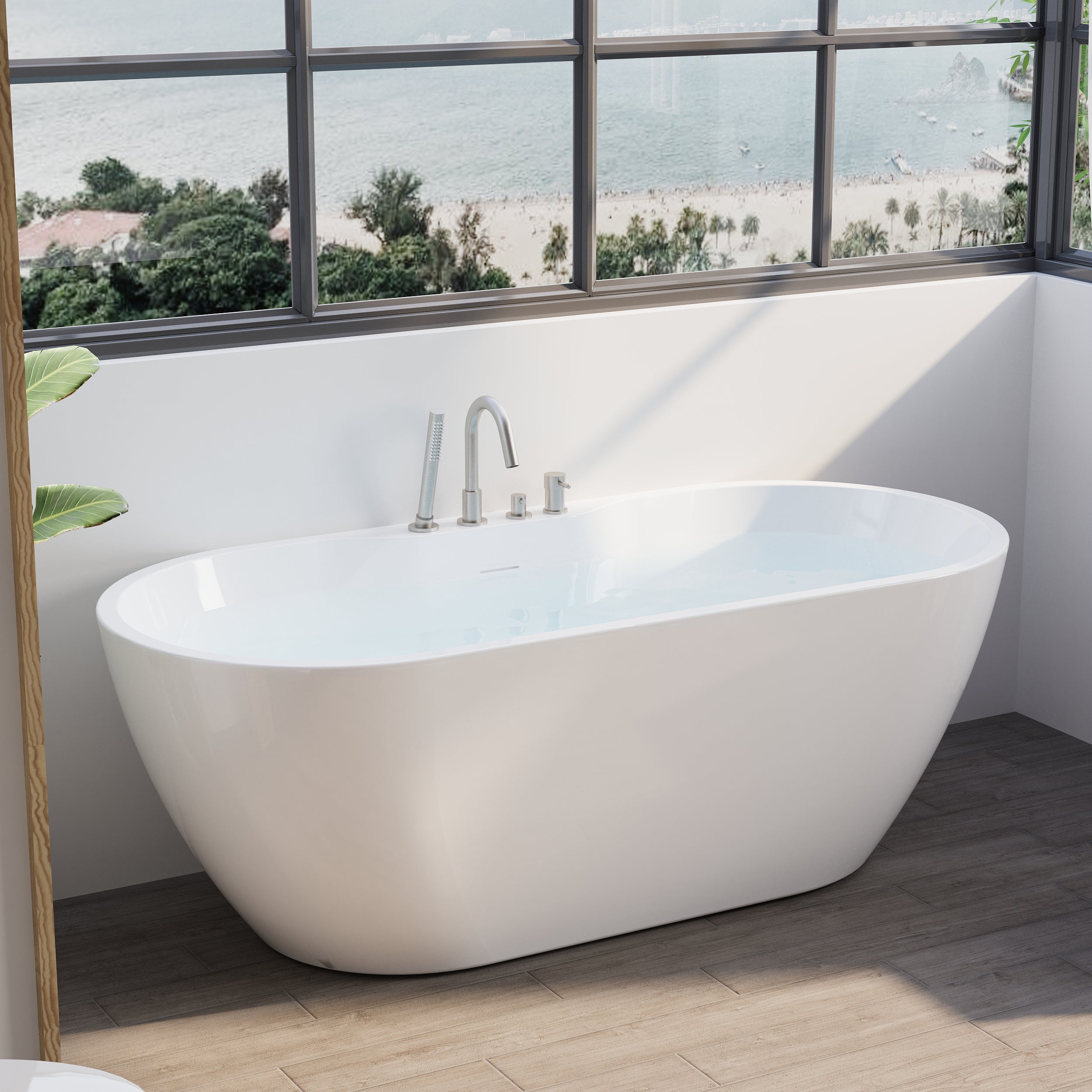 65" Glossy White Acrylic Freestanding Bathtub with Chrome Overflow and Drain, 62 Gallon