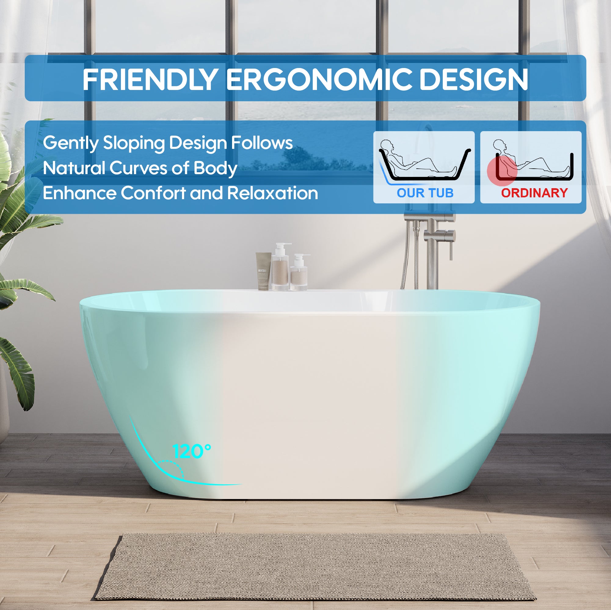 57" Glossy White Acrylic Freestanding Bathtub with Chrome Overflow and Drain, 54 Gallon