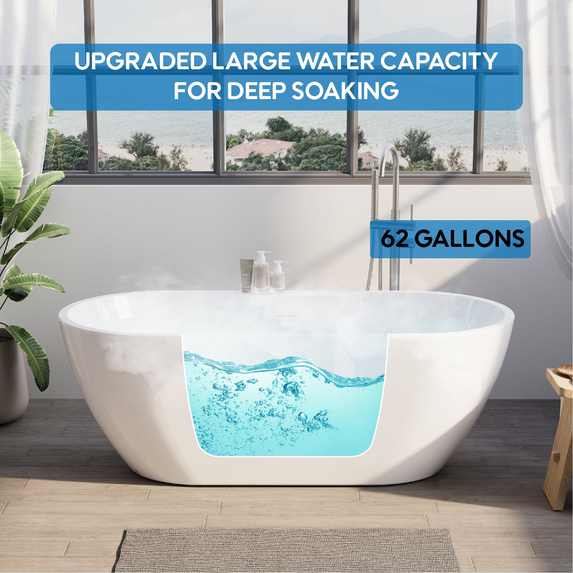 65" Glossy White Acrylic Freestanding Bathtub with Chrome Overflow and Drain, 62 Gallon