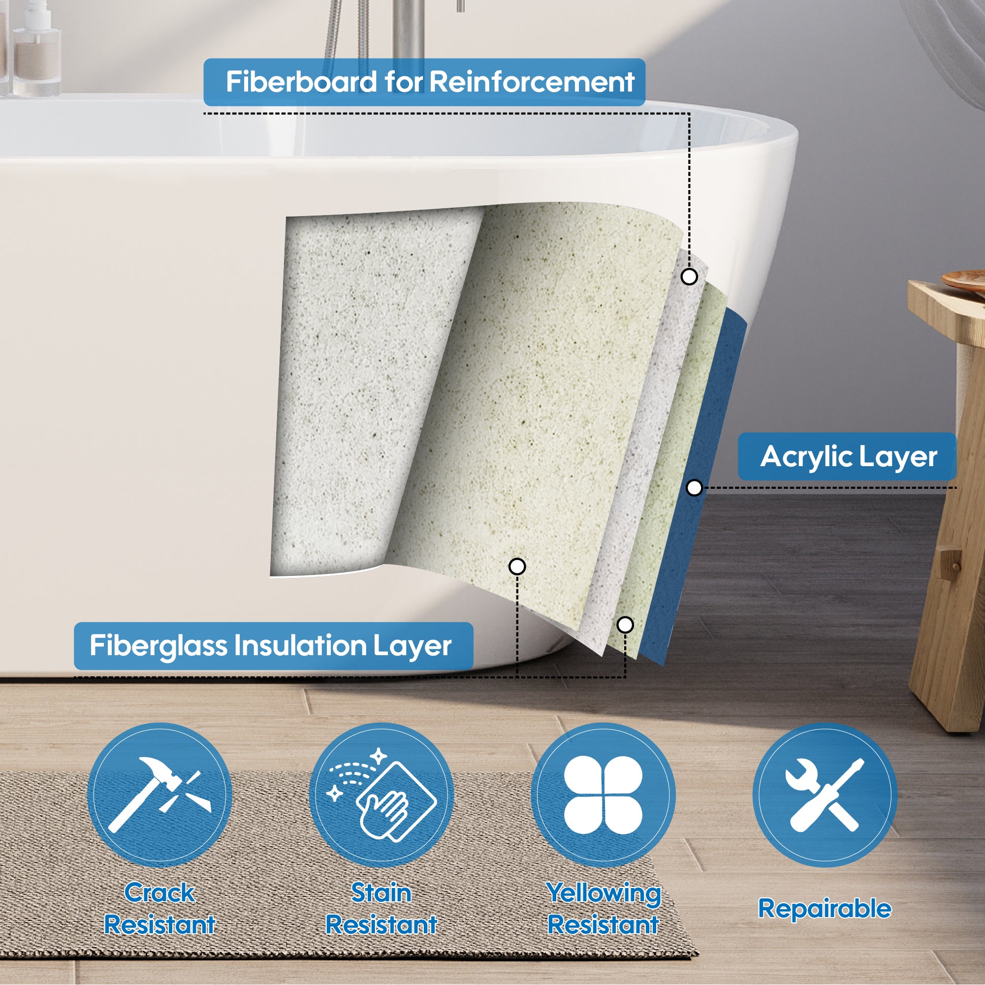 65" Glossy White Acrylic Freestanding Bathtub with Chrome Overflow and Drain, 62 Gallon