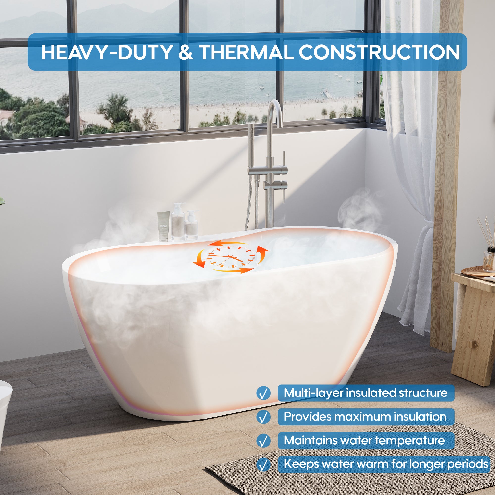 57" Glossy White Acrylic Freestanding Bathtub with Chrome Overflow and Drain, 54 Gallon