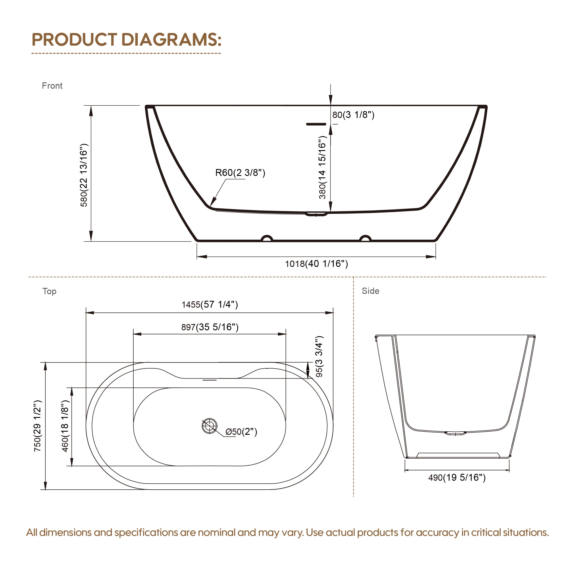 57" Glossy White Acrylic Freestanding Bathtub with Chrome Overflow and Drain, 54 Gallon