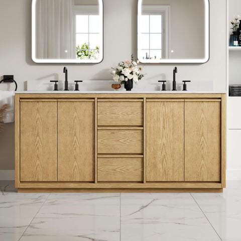 72 Inch Oak Soild Wood Bathroom Vanity with Double Undermount Sinks, 3 Dovetail-constructed Drawers and 4 Soft-close Doors
