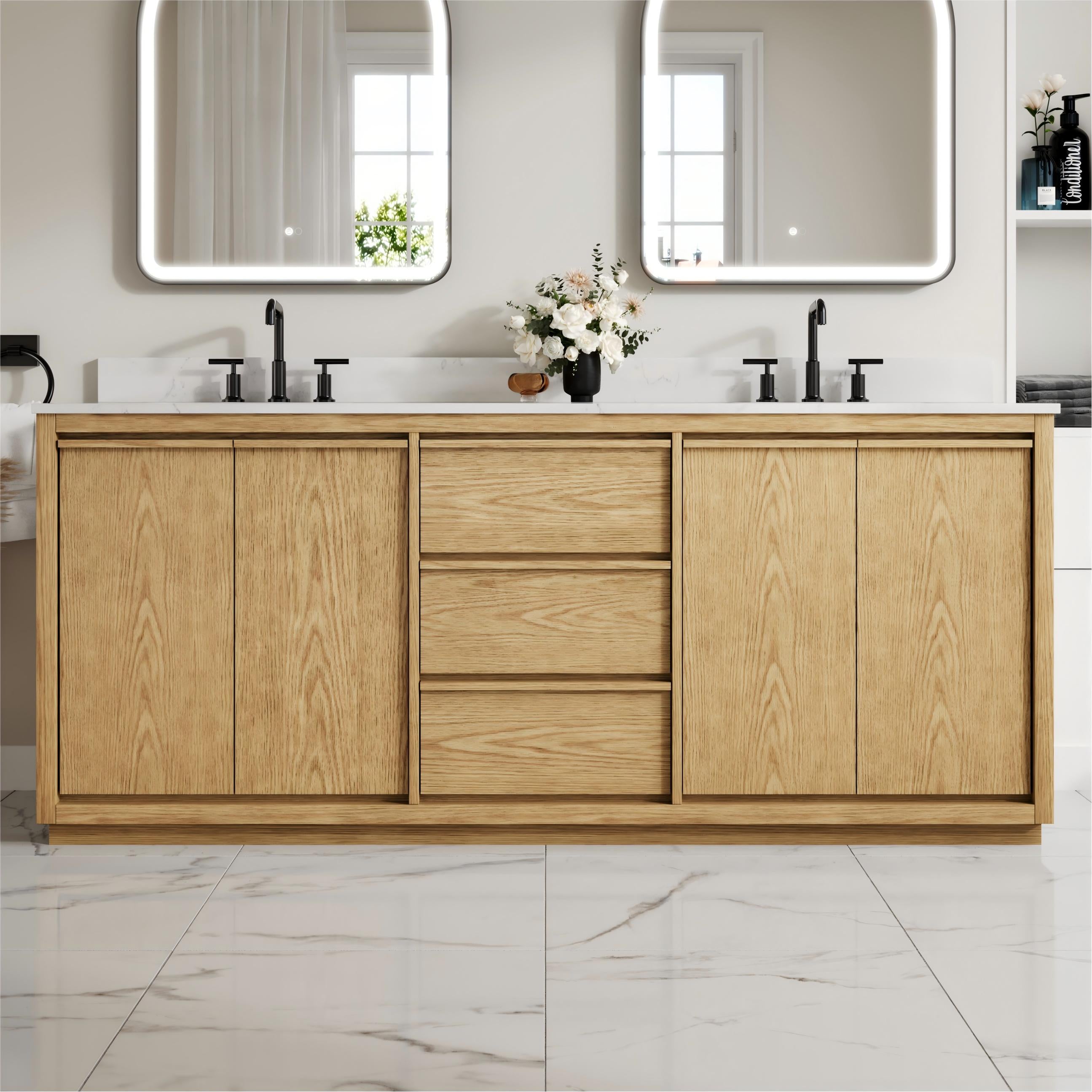 80 Inch Oak Soild Wood Bathroom Vanity with Double Undermount Sinks, 3 Dovetail-constructed Drawers and 4 Soft-close Doors