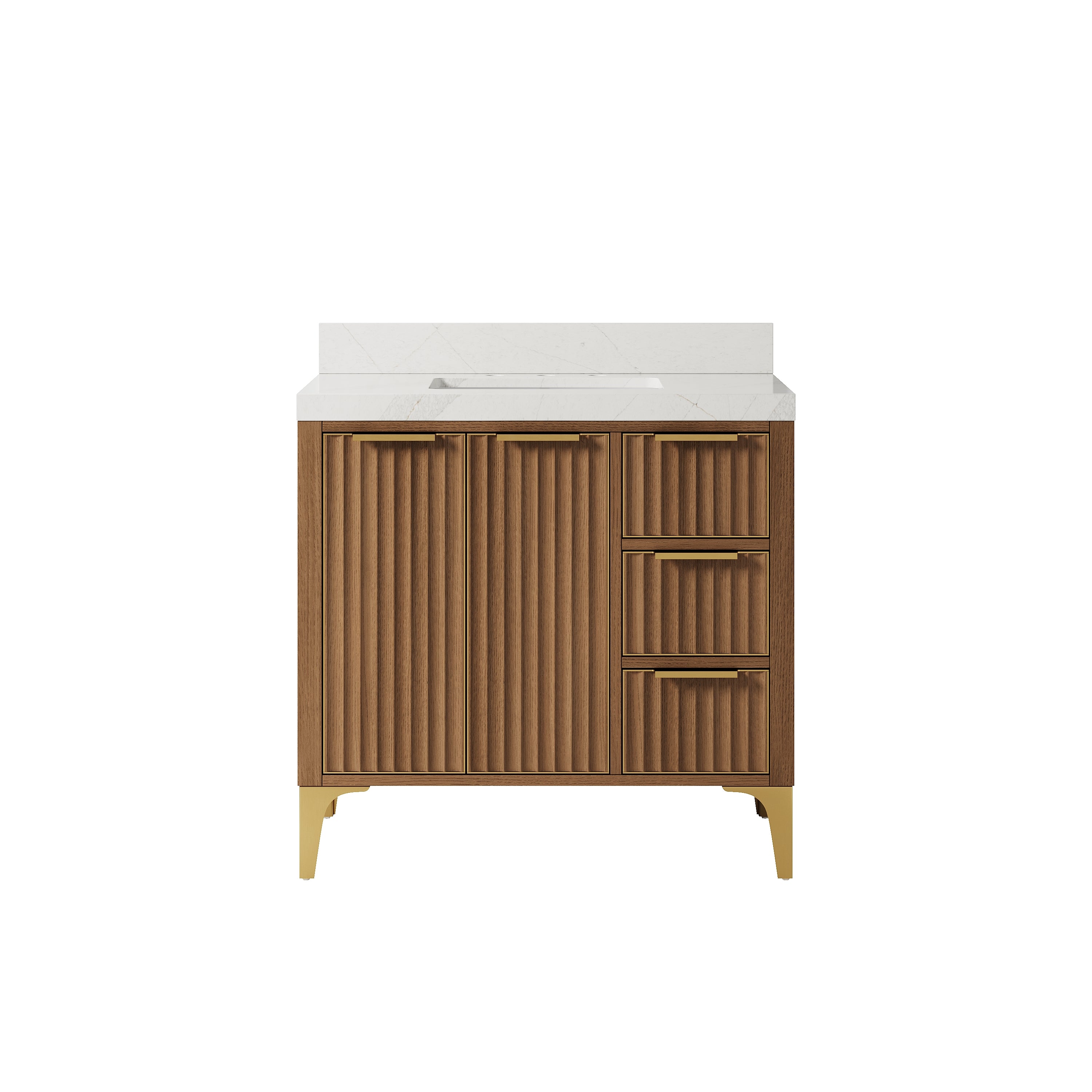 36 Inch Luxury Solid Oak Bathroom Vanity with Calacatta Quartz Countertop & 3 Dovetail Drawers and 2 Soft-close Doors