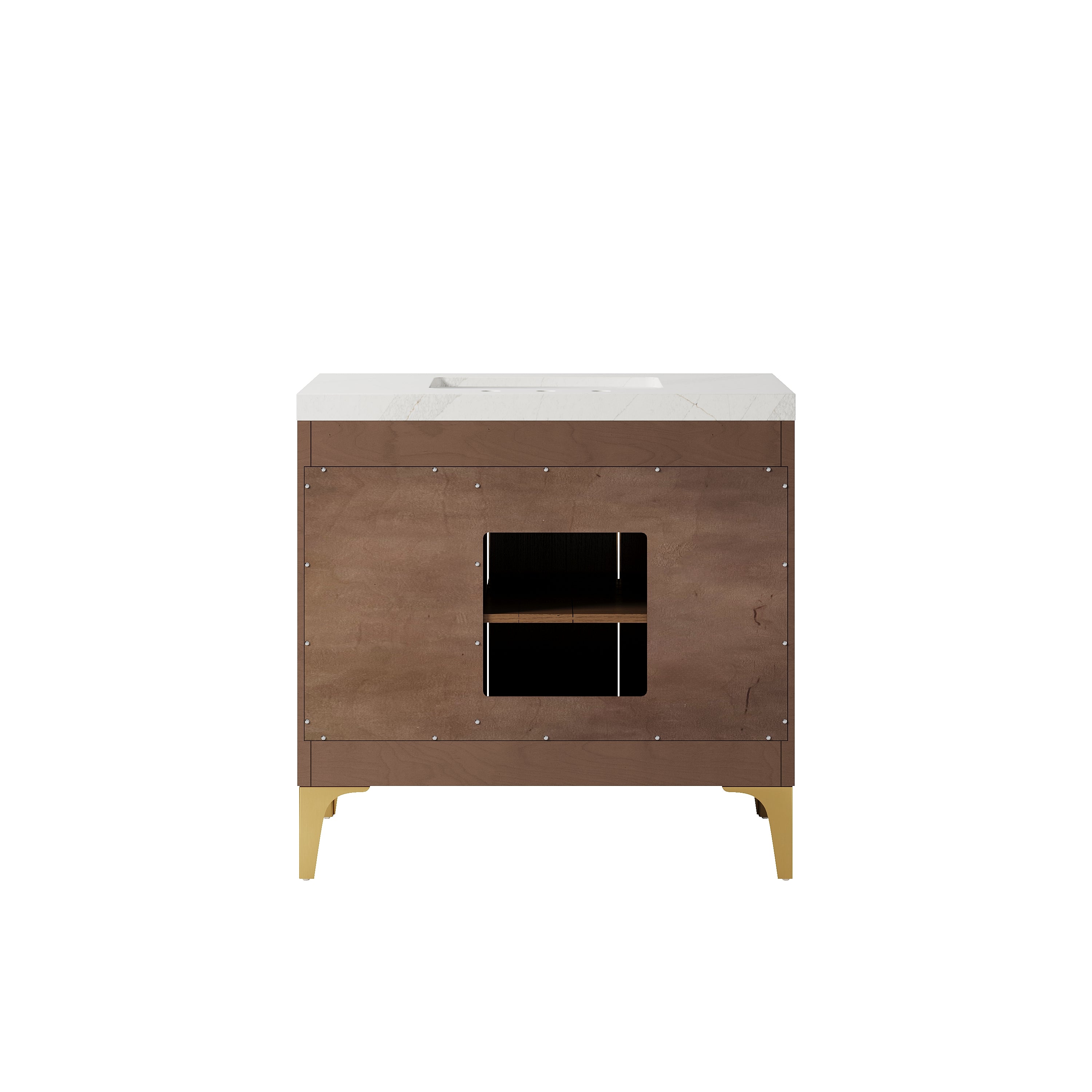 36 Inch Luxury Solid Oak Bathroom Vanity with Calacatta Quartz Countertop & Brushed Gold Stainless Steel Trim and Legs