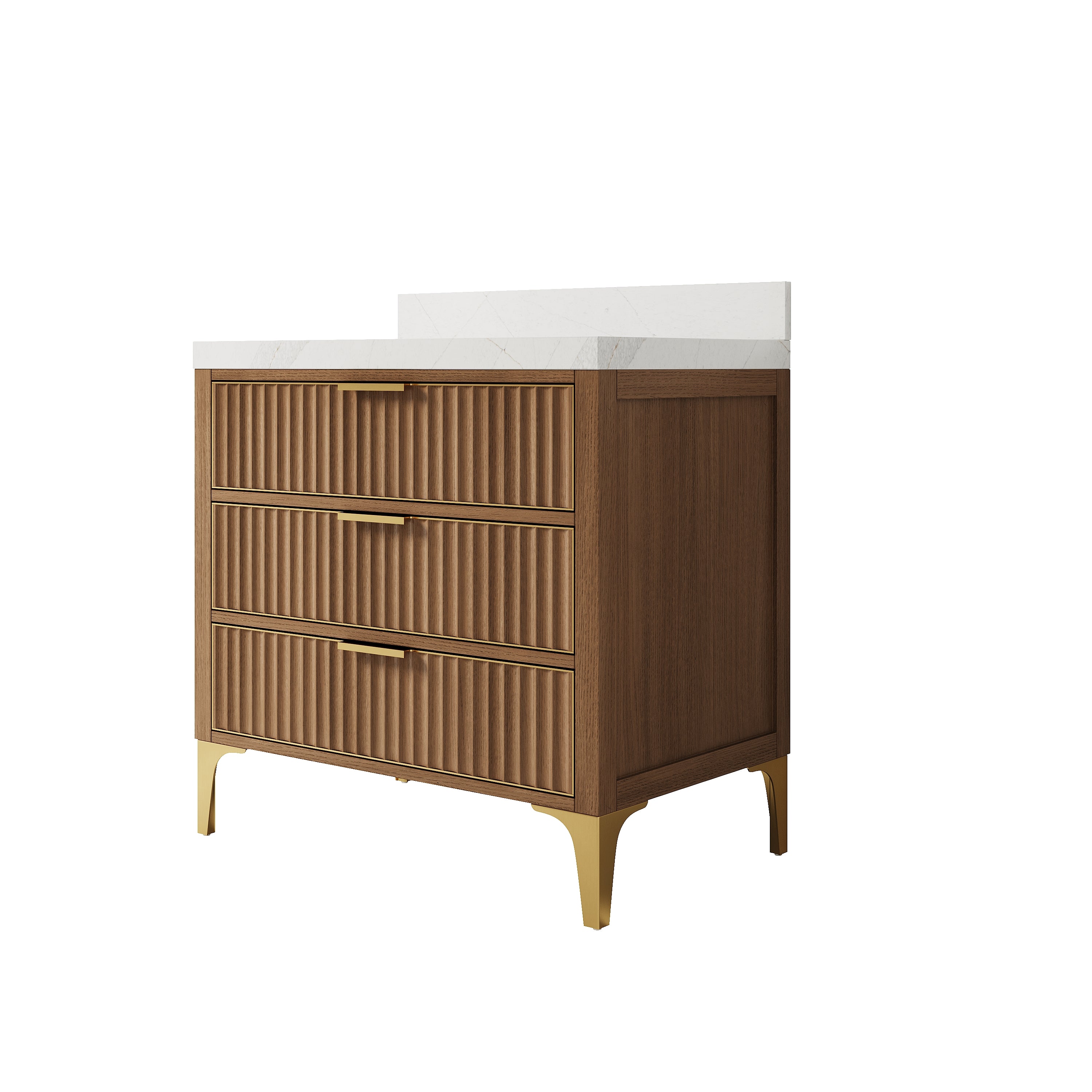 36 Inch Luxury Solid Oak Bathroom Vanity with Calacatta Quartz Countertop & 3 Dovetail Drawers and 2 Soft-close Doors