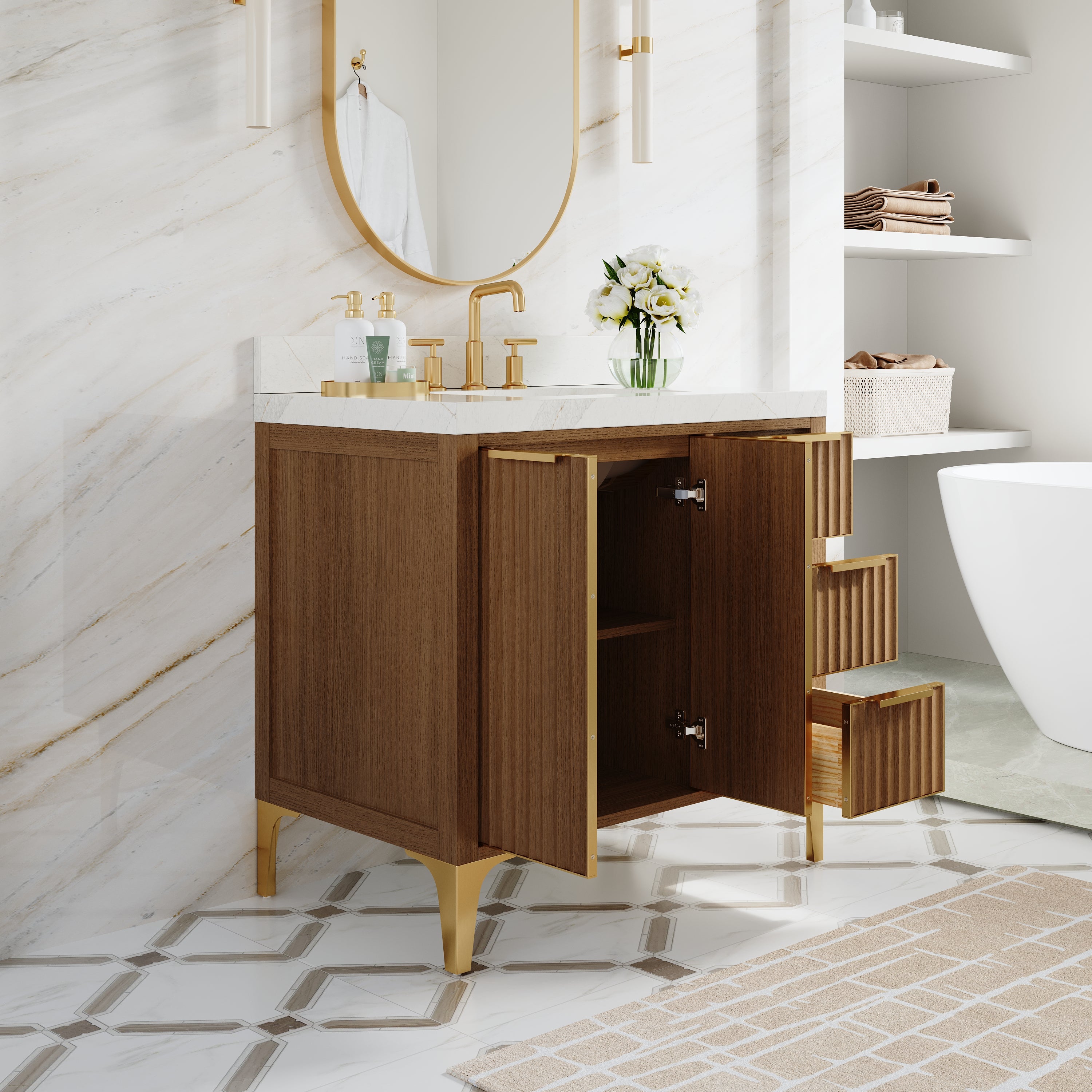 36 Inch Luxury Solid Oak Bathroom Vanity with Calacatta Quartz Countertop & 3 Dovetail Drawers and 2 Soft-close Doors