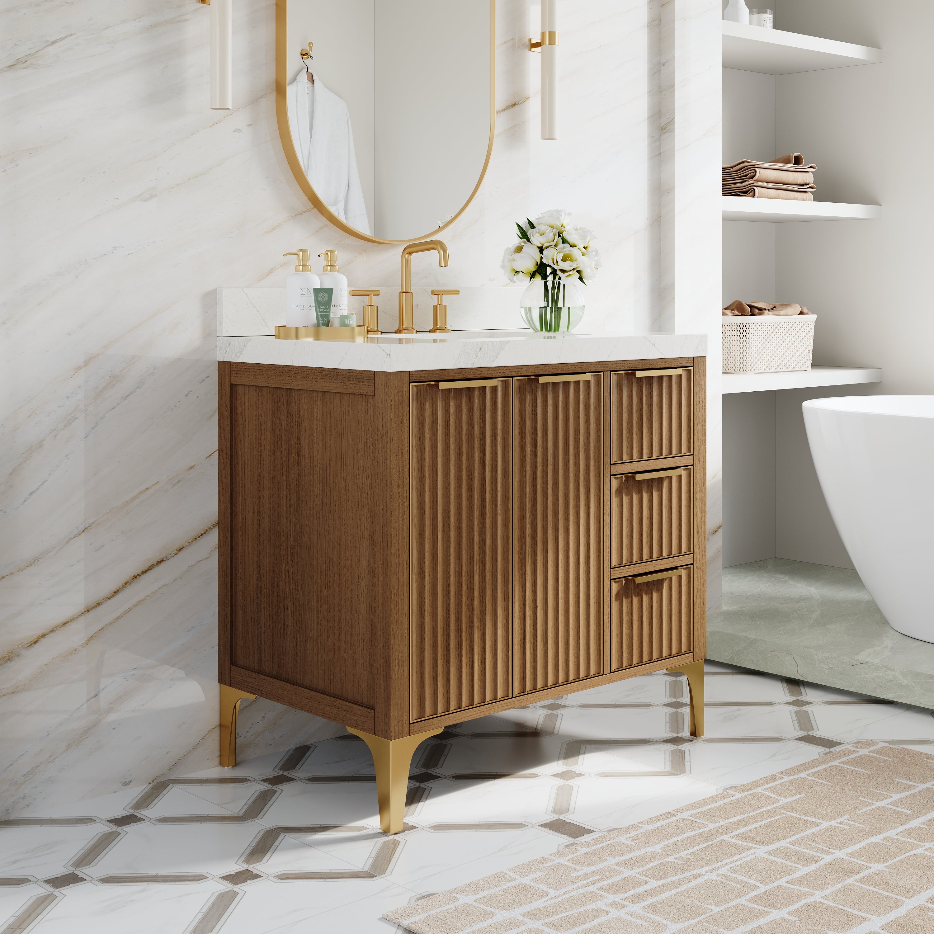 36 Inch Luxury Solid Oak Bathroom Vanity with Calacatta Quartz Countertop & 3 Dovetail Drawers and 2 Soft-close Doors