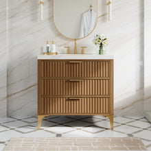 36 Inch Luxury Solid Oak Bathroom Vanity with Calacatta Quartz Countertop & Brushed Gold Stainless Steel Trim and Legs