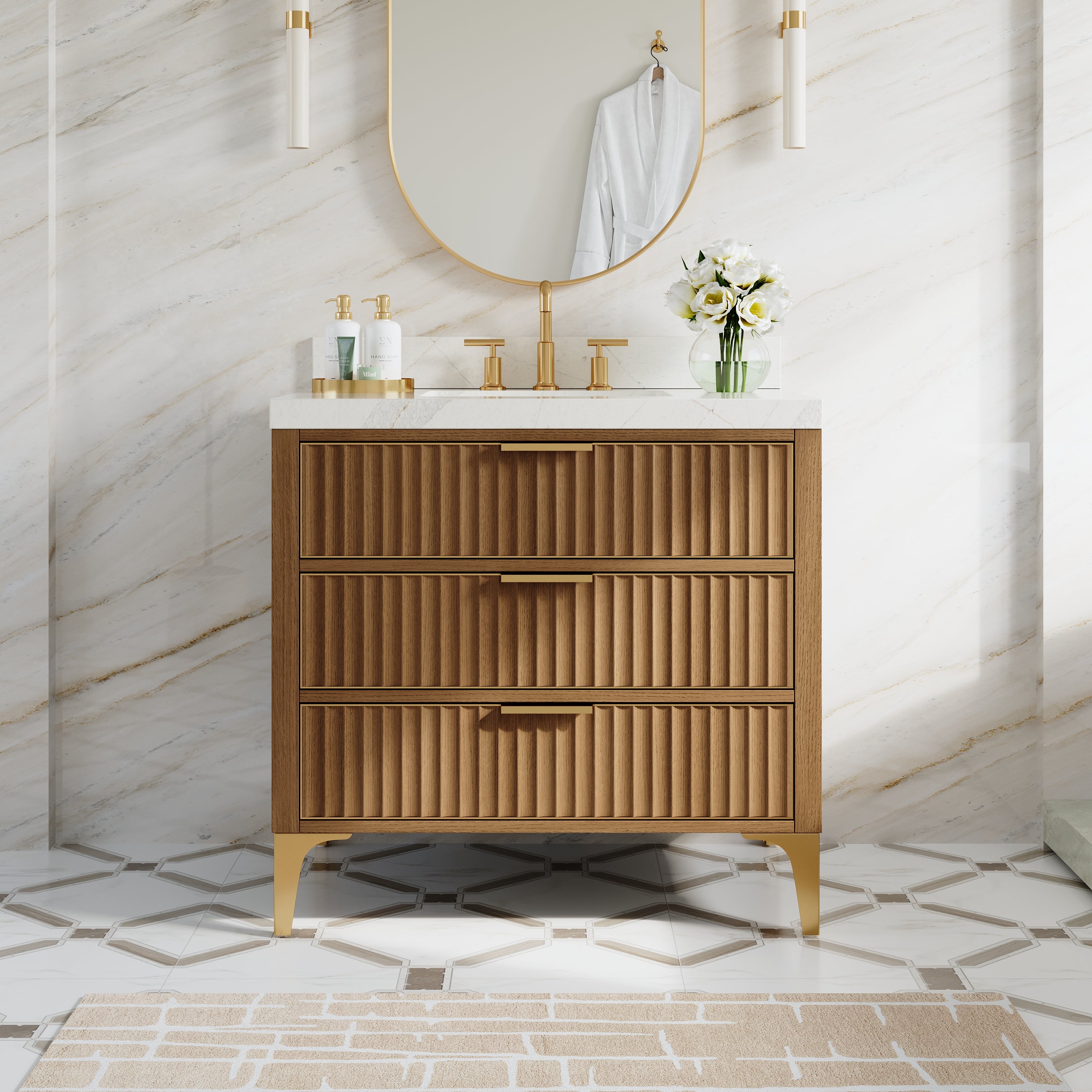 36 Inch Luxury Solid Oak Bathroom Vanity with Calacatta Quartz Countertop & Brushed Gold Stainless Steel Trim and Legs