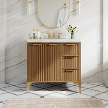 36 Inch Luxury Solid Oak Bathroom Vanity with Calacatta Quartz Countertop & 3 Dovetail Drawers and 2 Soft-close Doors