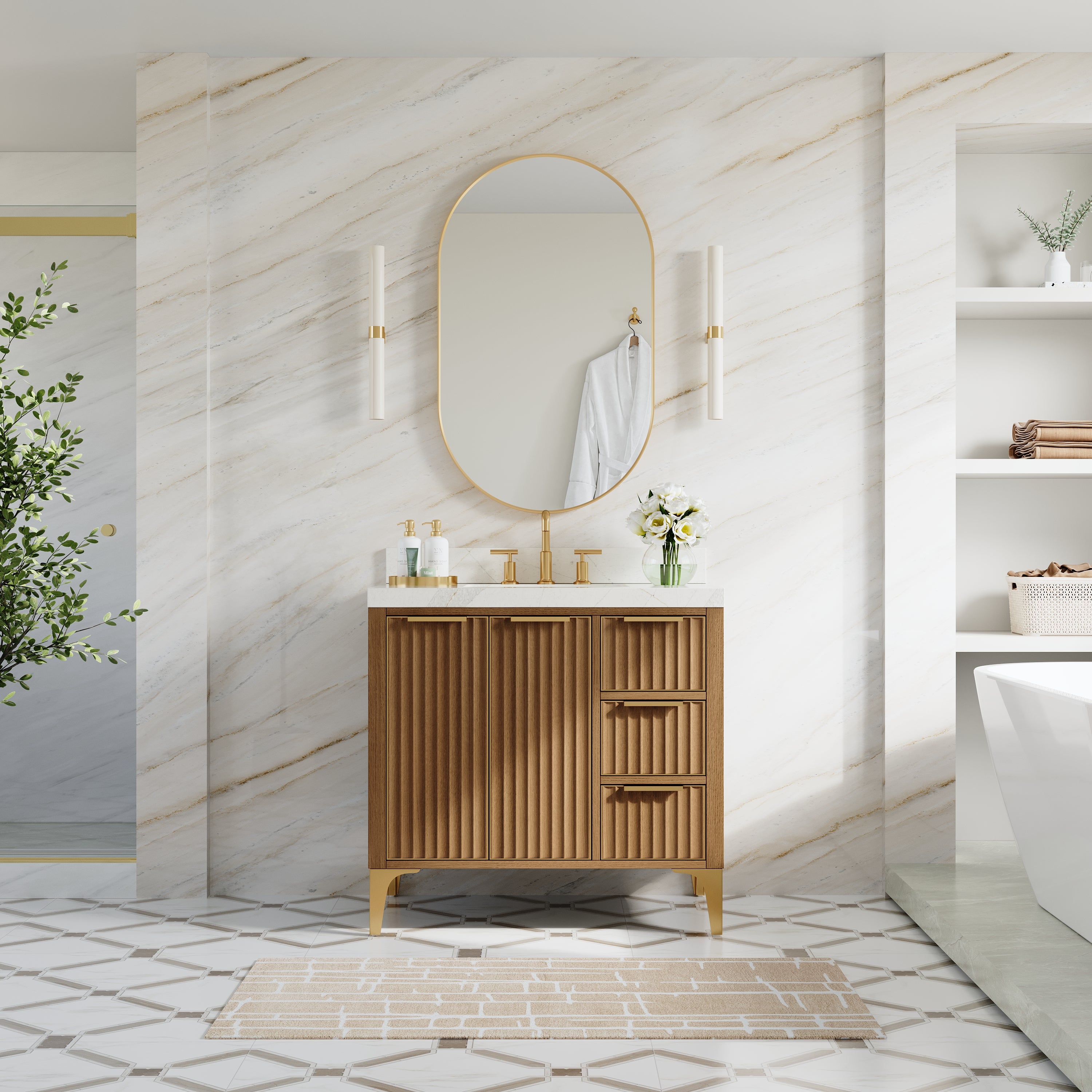 36 Inch Luxury Solid Oak Bathroom Vanity with Calacatta Quartz Countertop & 3 Dovetail Drawers and 2 Soft-close Doors