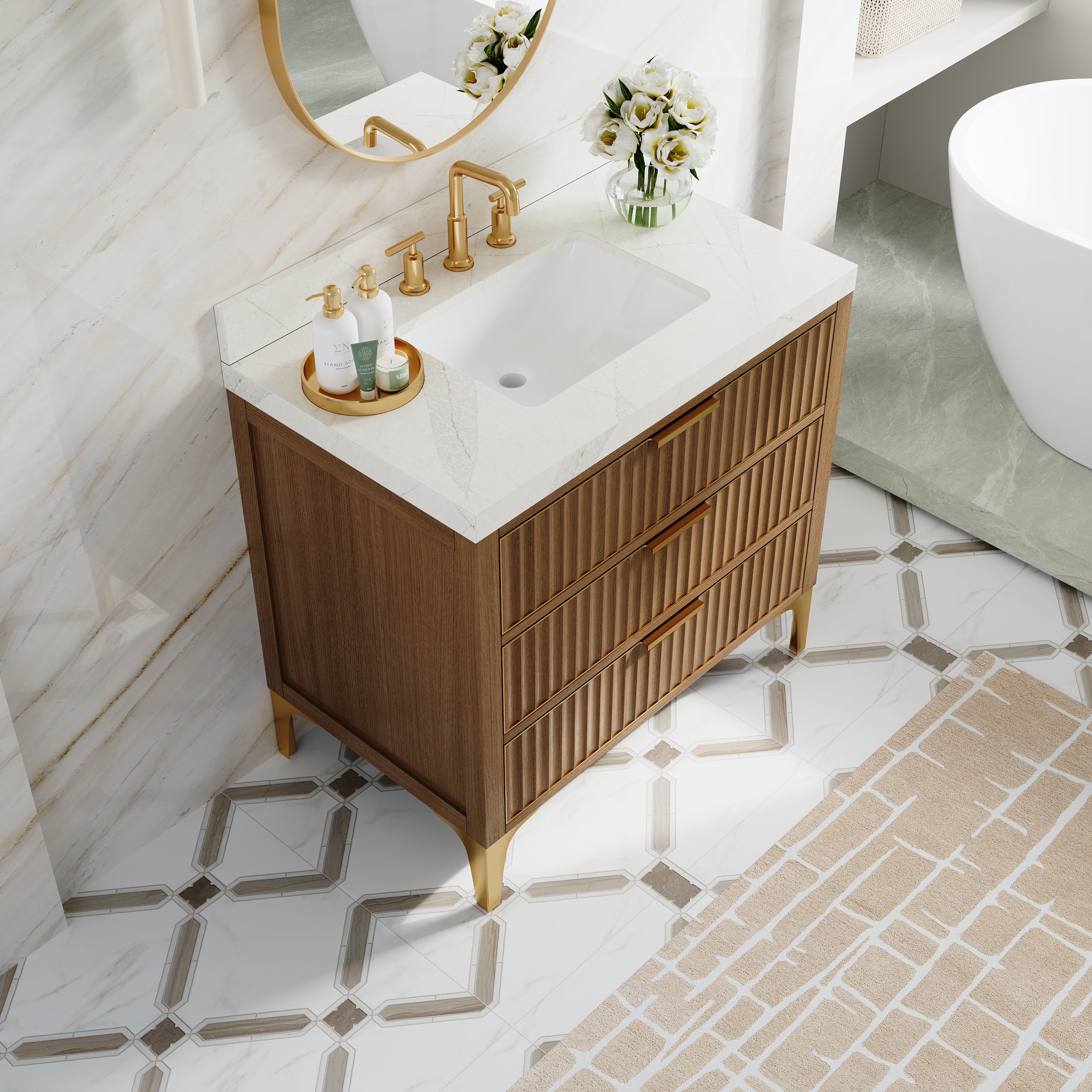 36 Inch Luxury Solid Oak Bathroom Vanity with Calacatta Quartz Countertop & Brushed Gold Stainless Steel Trim and Legs