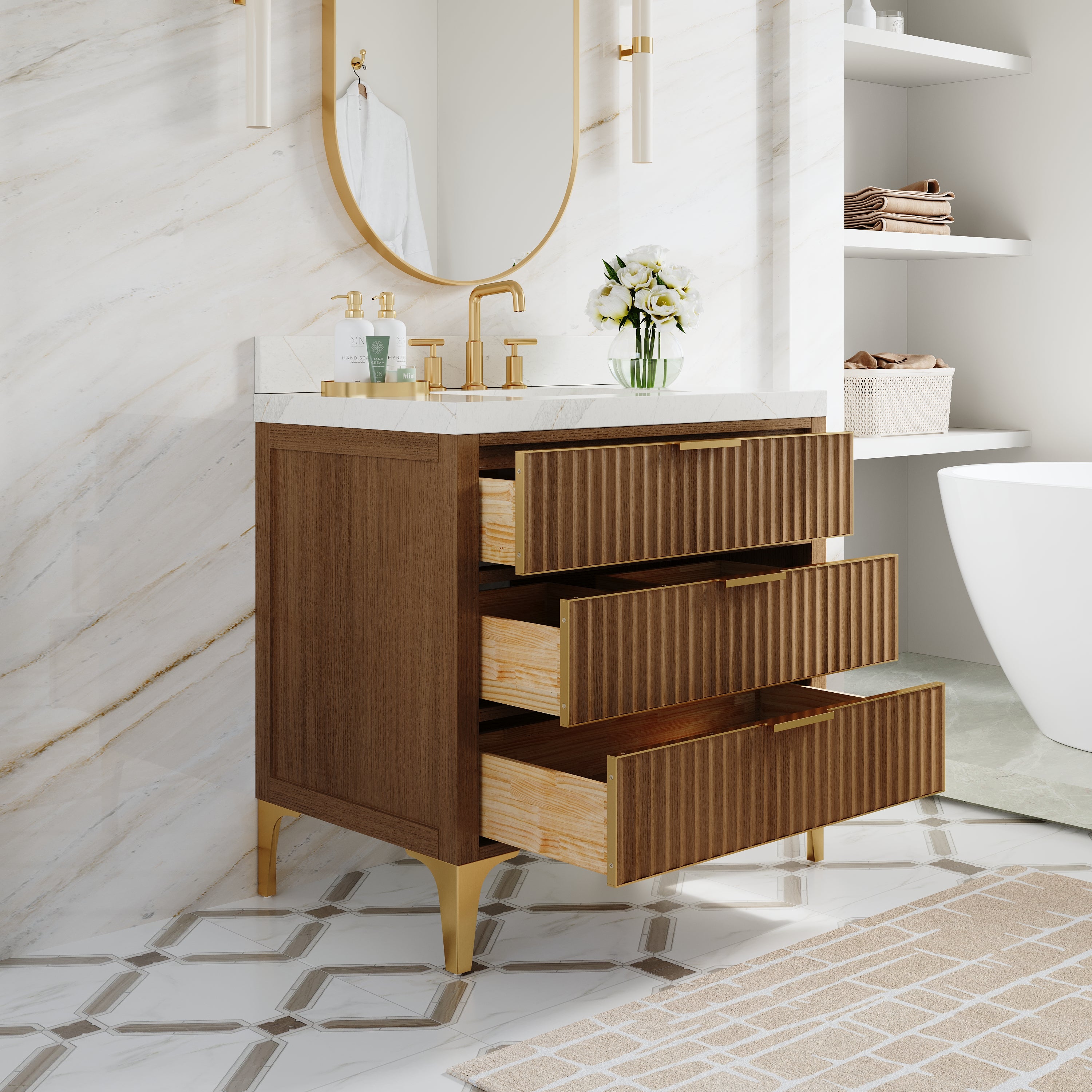 36 Inch Luxury Solid Oak Bathroom Vanity with Calacatta Quartz Countertop & Brushed Gold Stainless Steel Trim and Legs