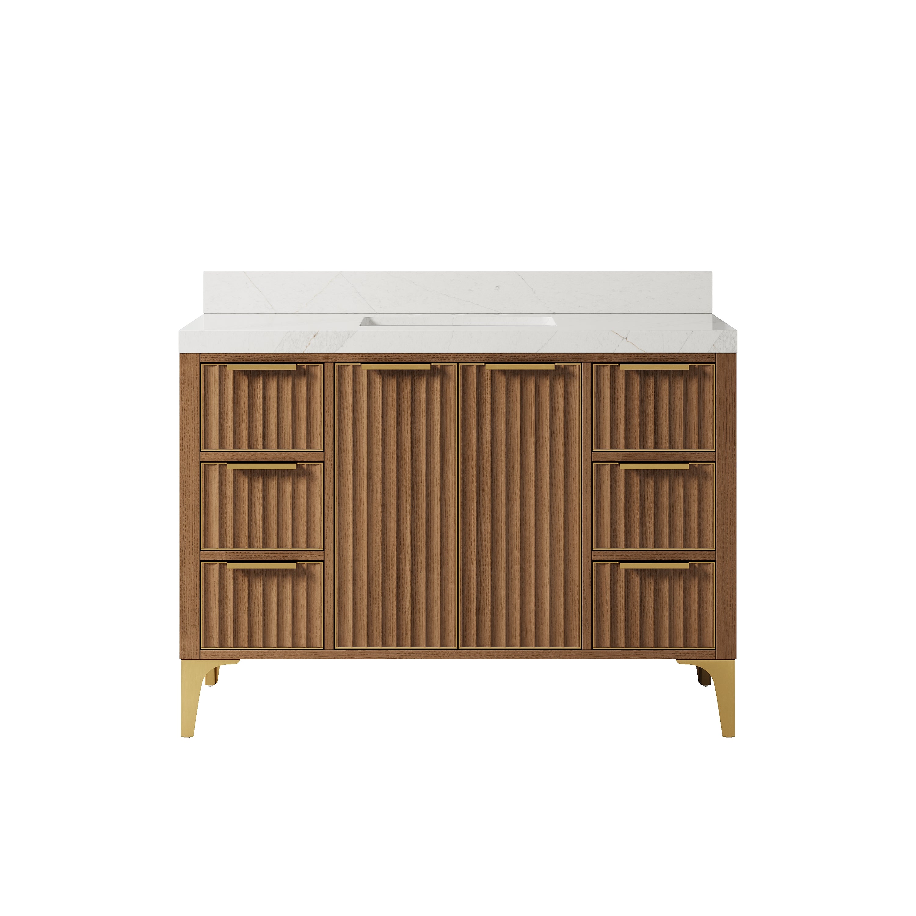 48 Inch Luxury Solid Oak Bathroom Vanity with Calacatta Quartz Countertop & 6 Dovetail Drawers and 2 Soft-close Doors