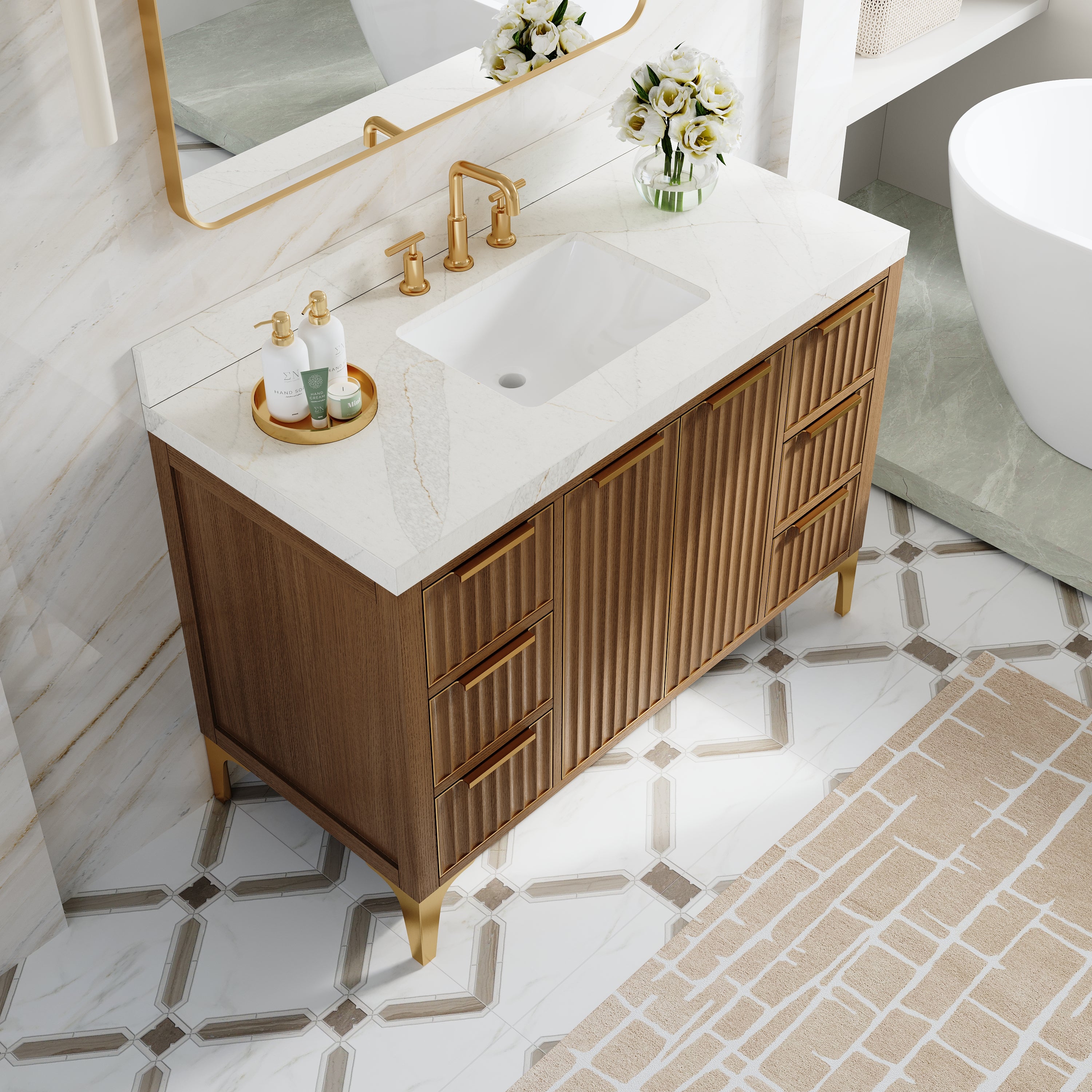 48 Inch Luxury Solid Oak Bathroom Vanity with Calacatta Quartz Countertop & 6 Dovetail Drawers and 2 Soft-close Doors