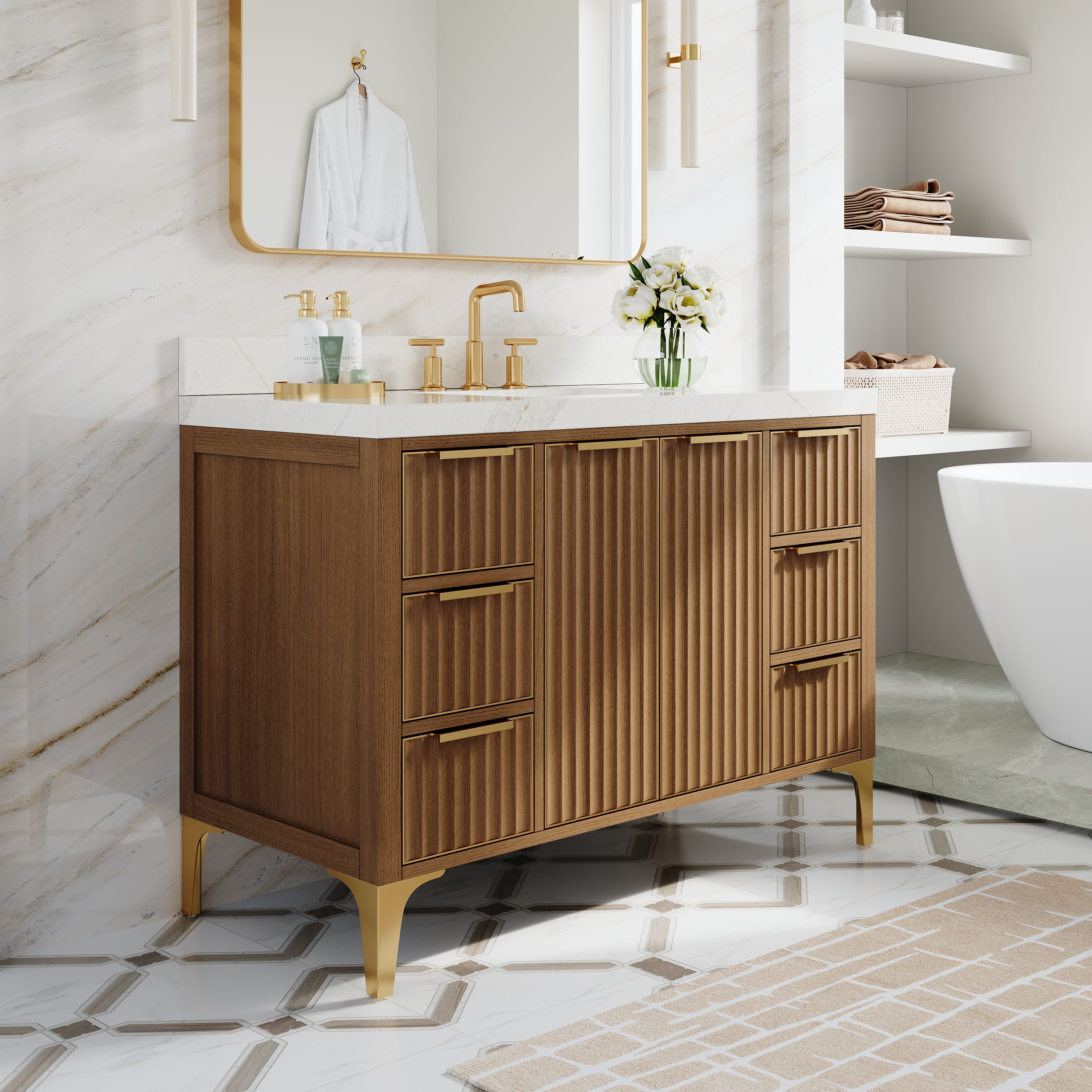 48 Inch Luxury Solid Oak Bathroom Vanity with Calacatta Quartz Countertop & 6 Dovetail Drawers and 2 Soft-close Doors