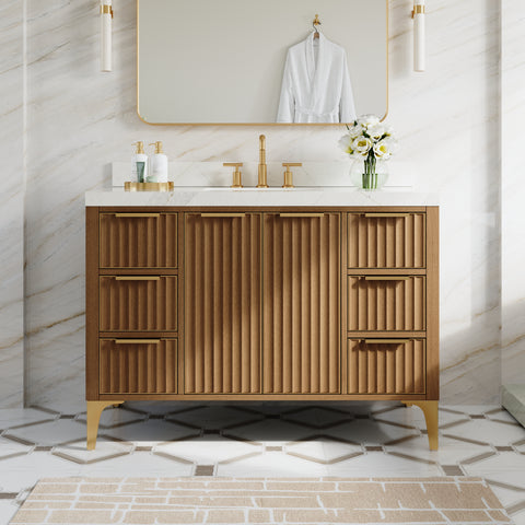 48 Inch Luxury Solid Oak Bathroom Vanity with Calacatta Quartz Countertop & 6 Dovetail Drawers and 2 Soft-close Doors
