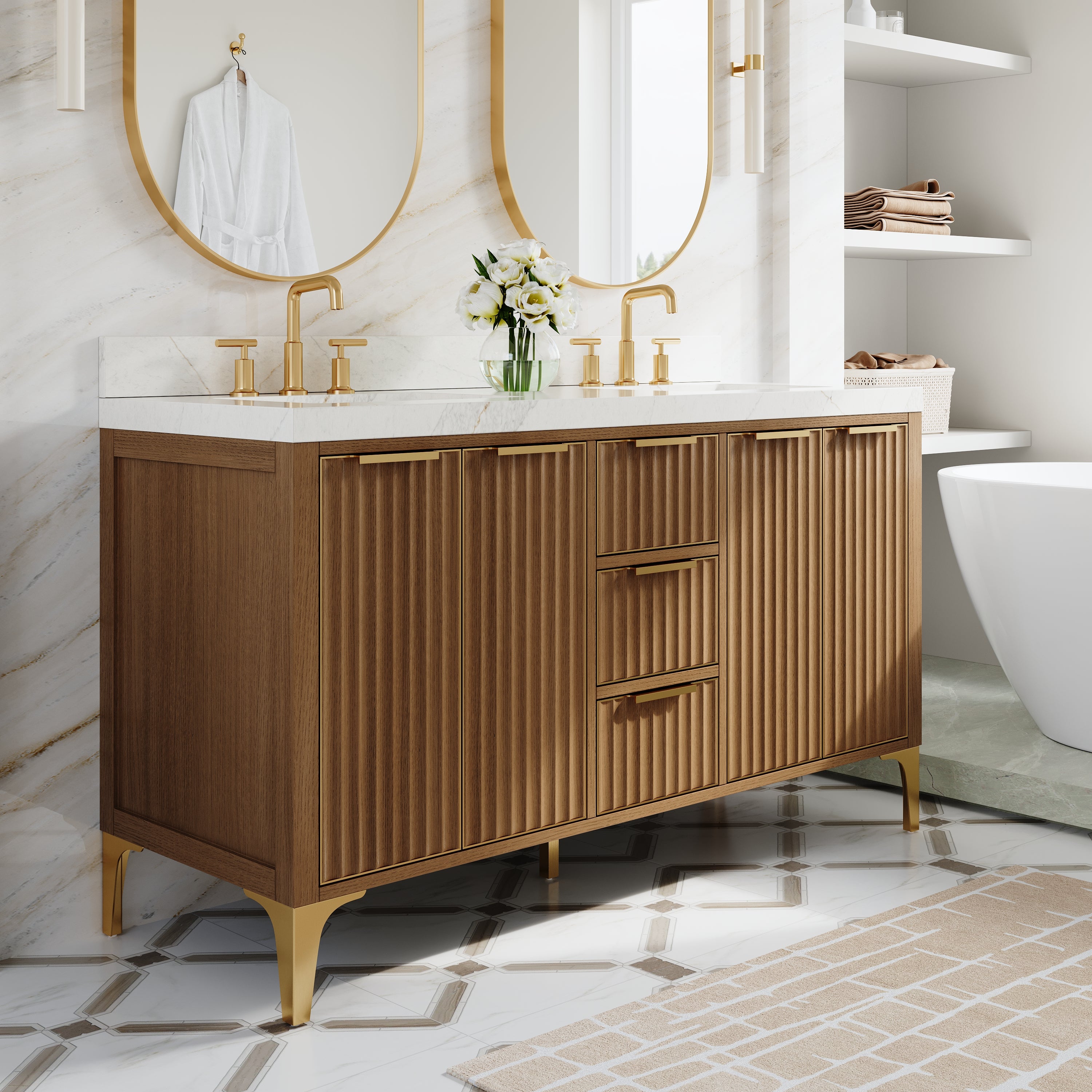 60 Inch Luxury Solid Oak Bathroom Vanity with Calacatta Quartz Countertop & 3 Dovetail Drawers and 4 Soft-close Doors