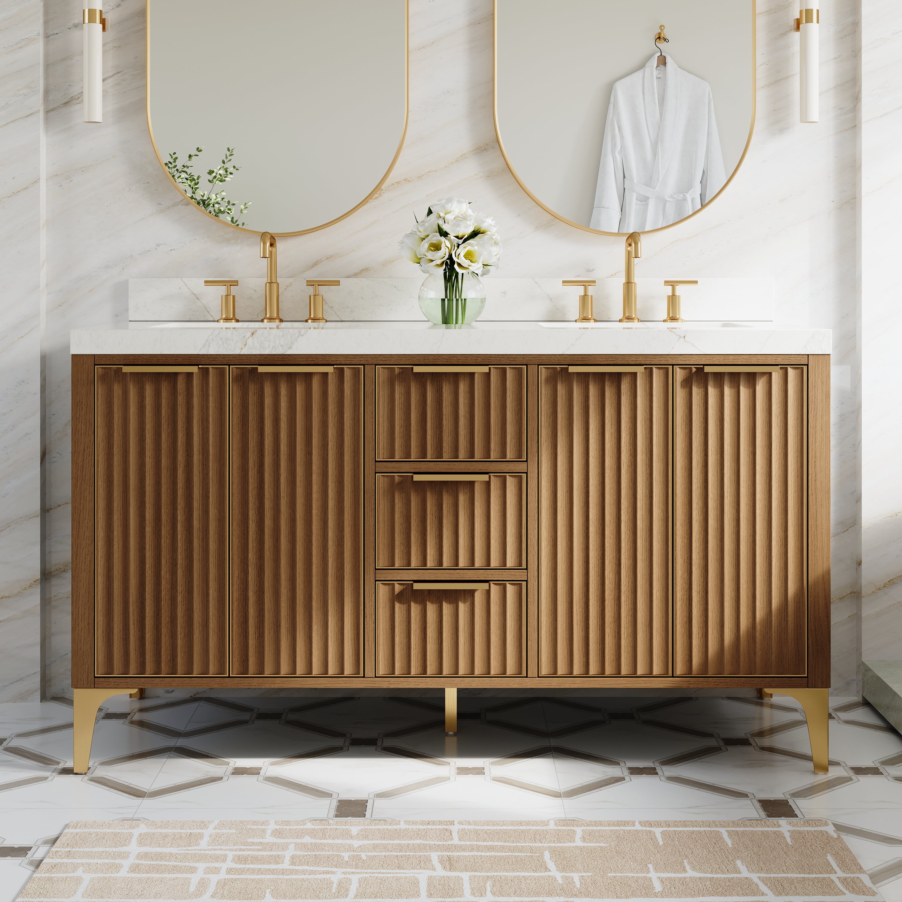60 Inch Luxury Solid Oak Bathroom Vanity with Calacatta Quartz Countertop & 3 Dovetail Drawers and 4 Soft-close Doors