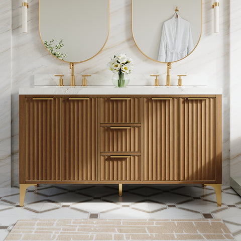 60 Inch Luxury Solid Oak Bathroom Vanity with Calacatta Quartz Countertop & 3 Dovetail Drawers and 4 Soft-close Doors