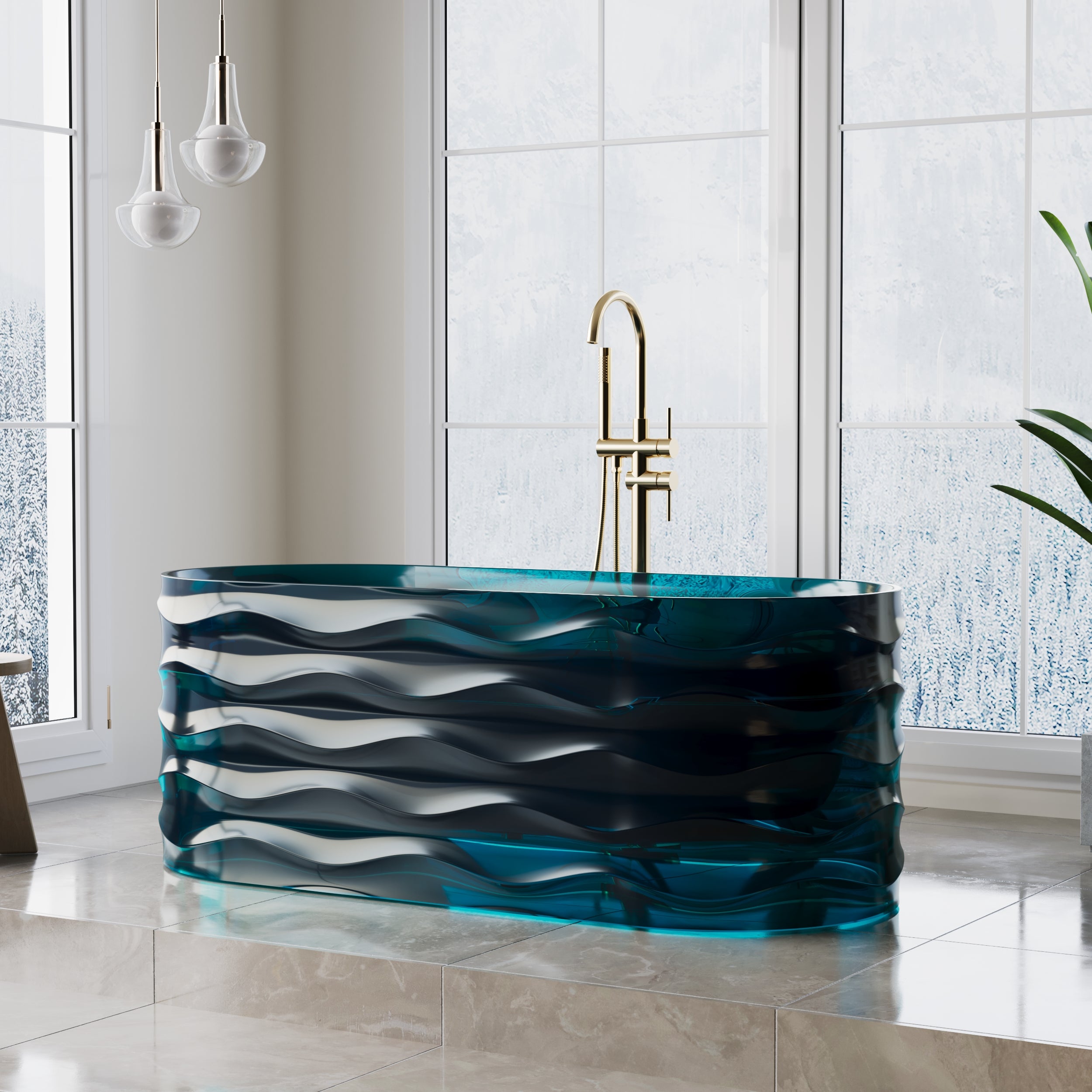 62" Pure Resin Transparent Freestanding Bathtub with Drain, Transparent Sea Blue