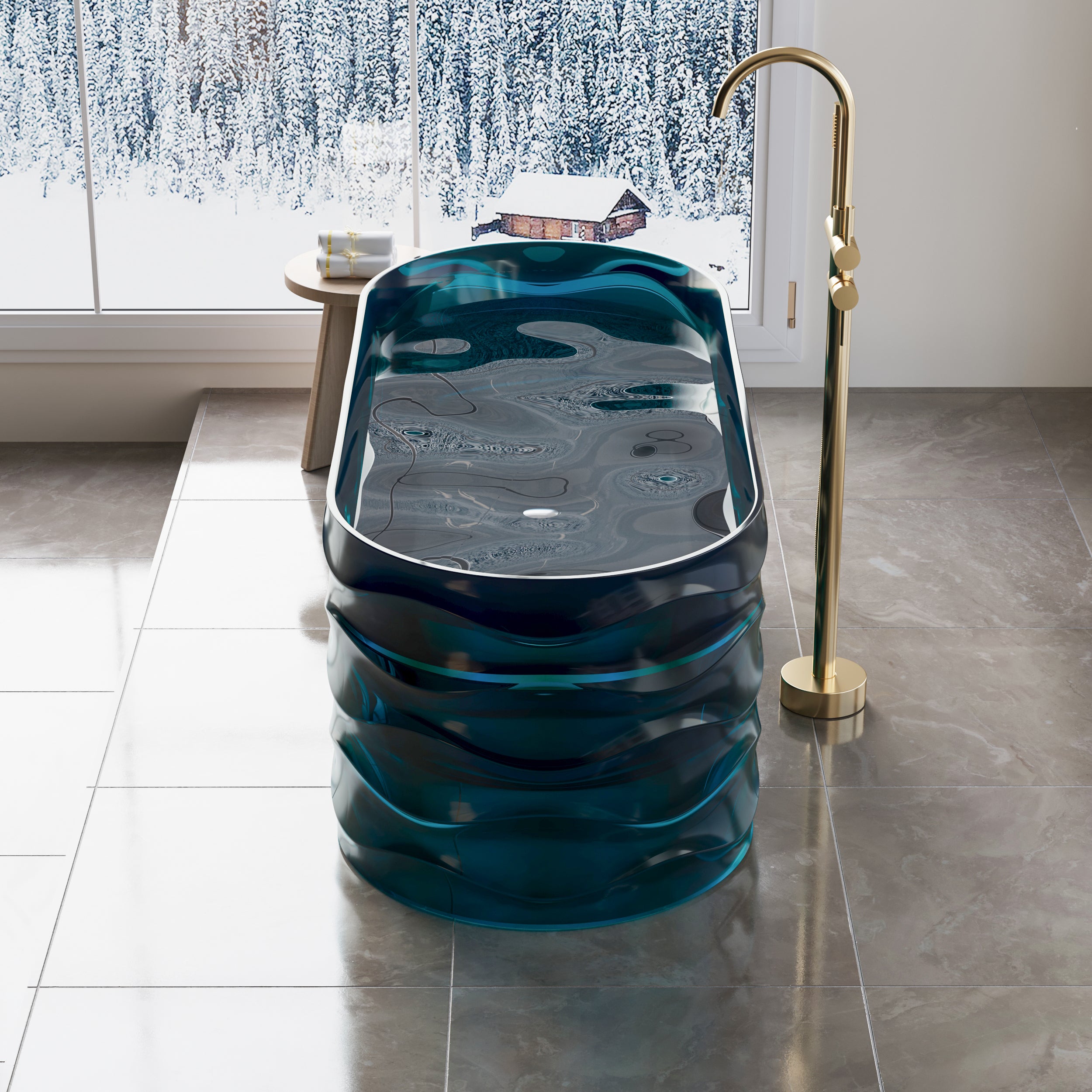 62" Pure Resin Transparent Freestanding Bathtub with Drain, Transparent Sea Blue