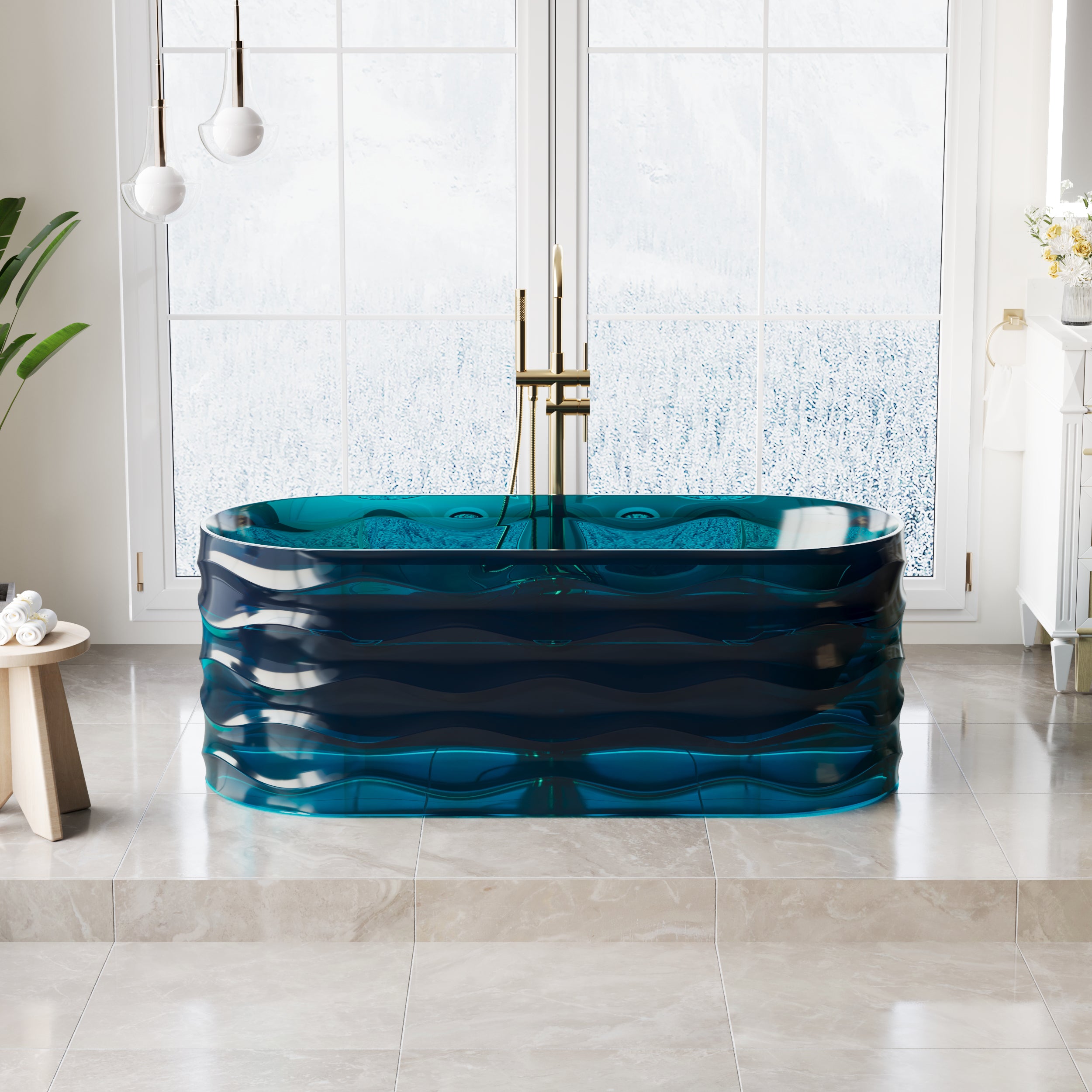 62" Pure Resin Transparent Freestanding Bathtub with Drain, Transparent Sea Blue