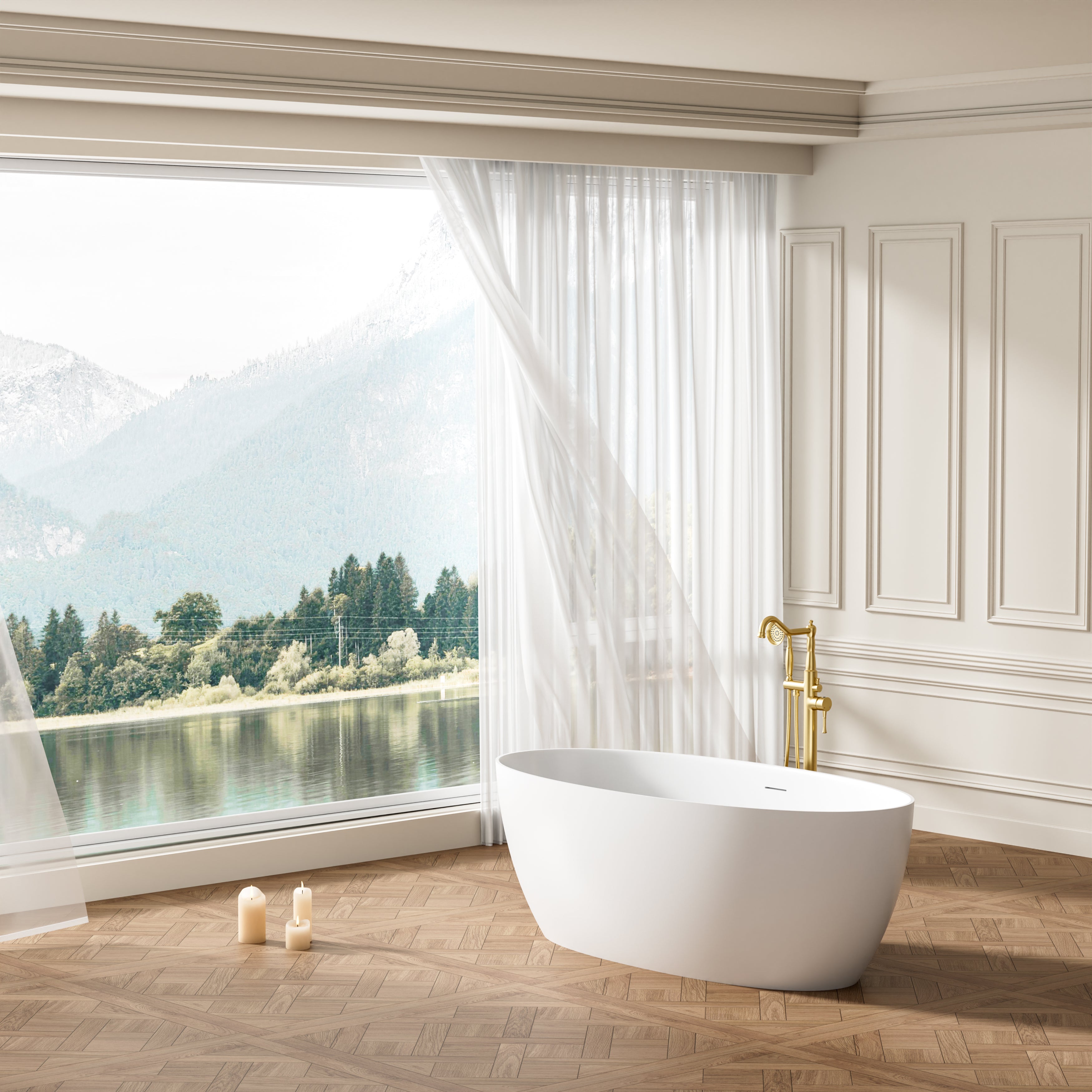 67" Matte White Solid Surface Bathtub with Drain & Integrated Slotted Overflow, 78 Gallons