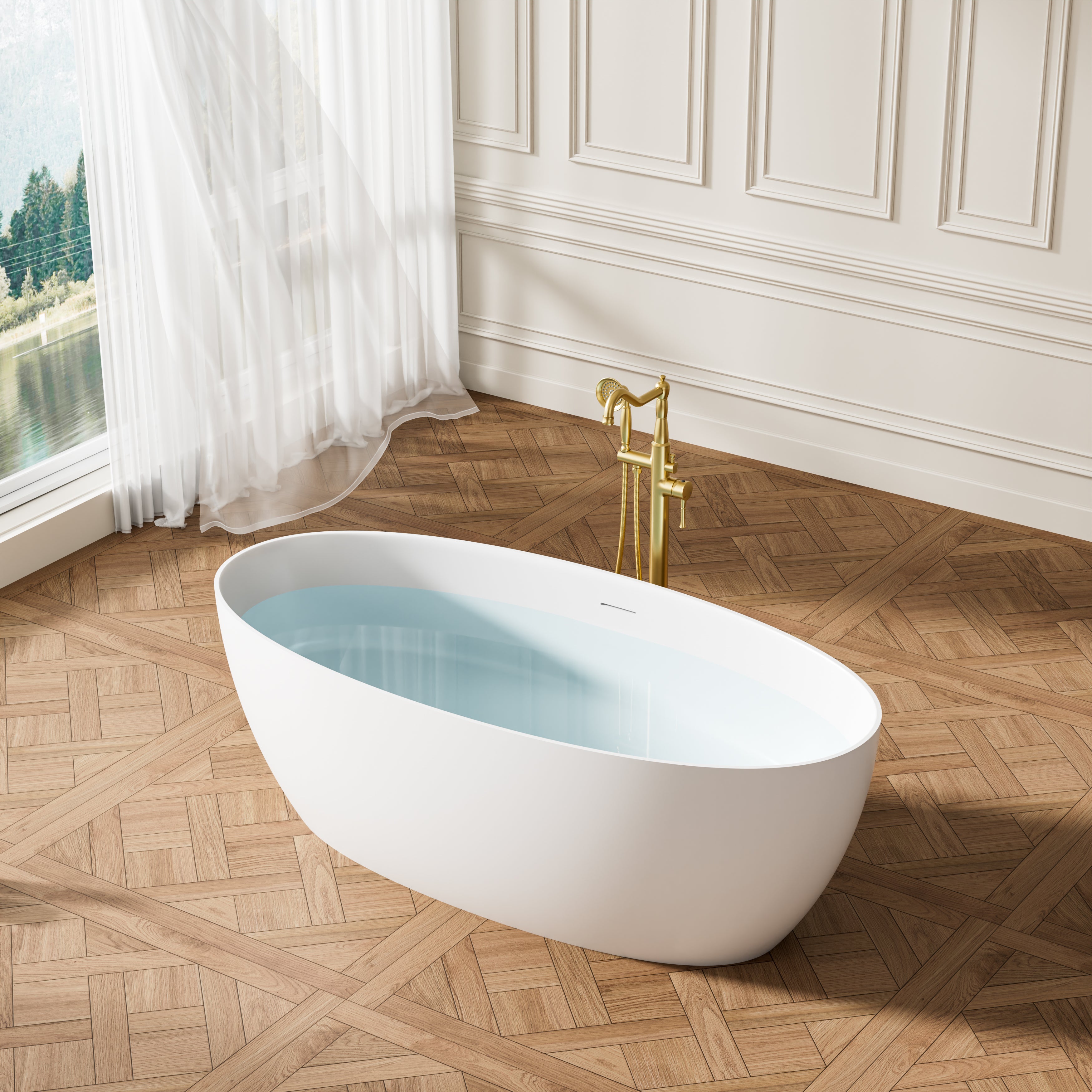 67" Matte White Solid Surface Bathtub with Drain & Integrated Slotted Overflow, 78 Gallons