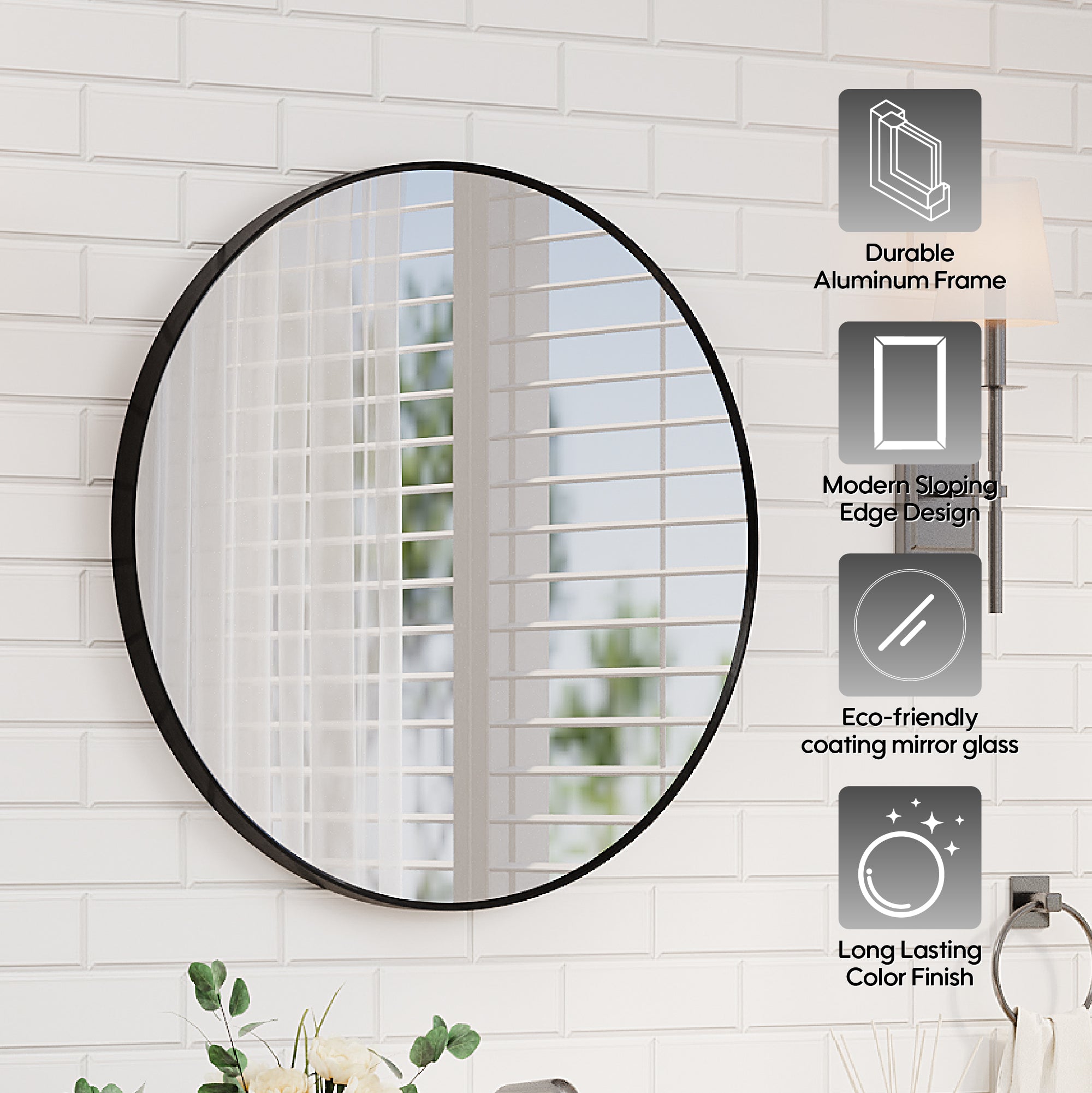 28 in. W x 28 in. H Black Modern Bathroom Mirror Round Framed Aluminum Wall Mirror