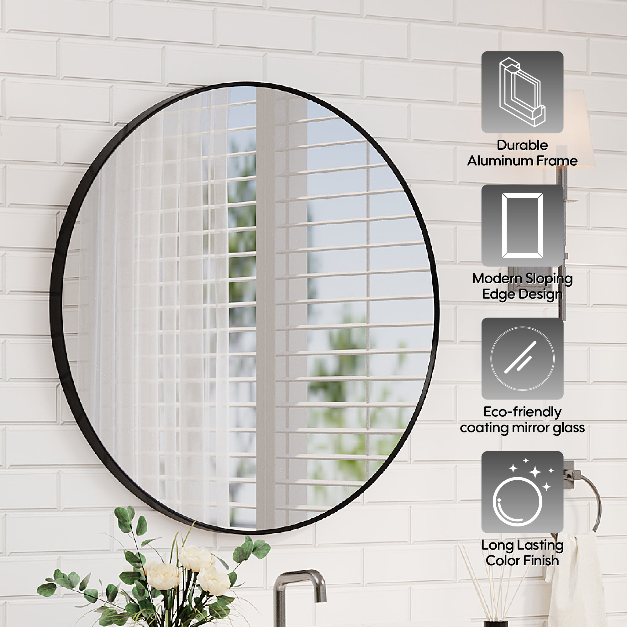 32 in. W x 32 in. H Black Modern Bathroom Mirror Round Framed Aluminum Wall Mirror